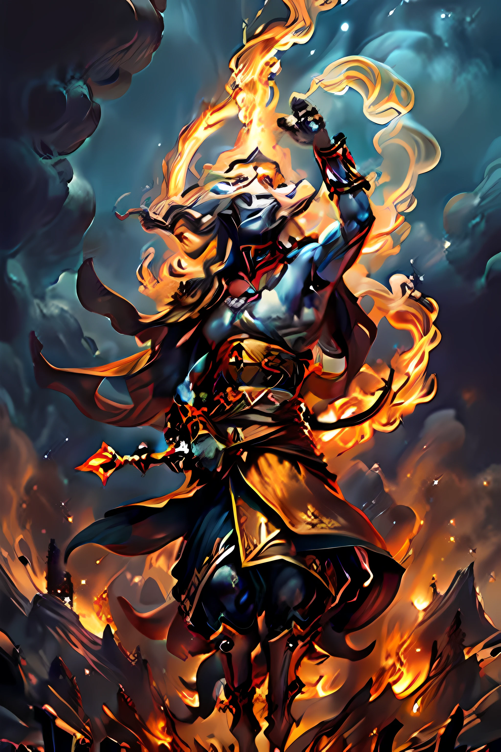 Alta qualidade, 4k, alta resolução. Deus do fogo, guerreiro imponente, flames dancing in his eyes, aura de fogo envolvendo seu corpo; carries a flaming spear; pele dourada, cabelo feito de chamas. serious face, frontal.