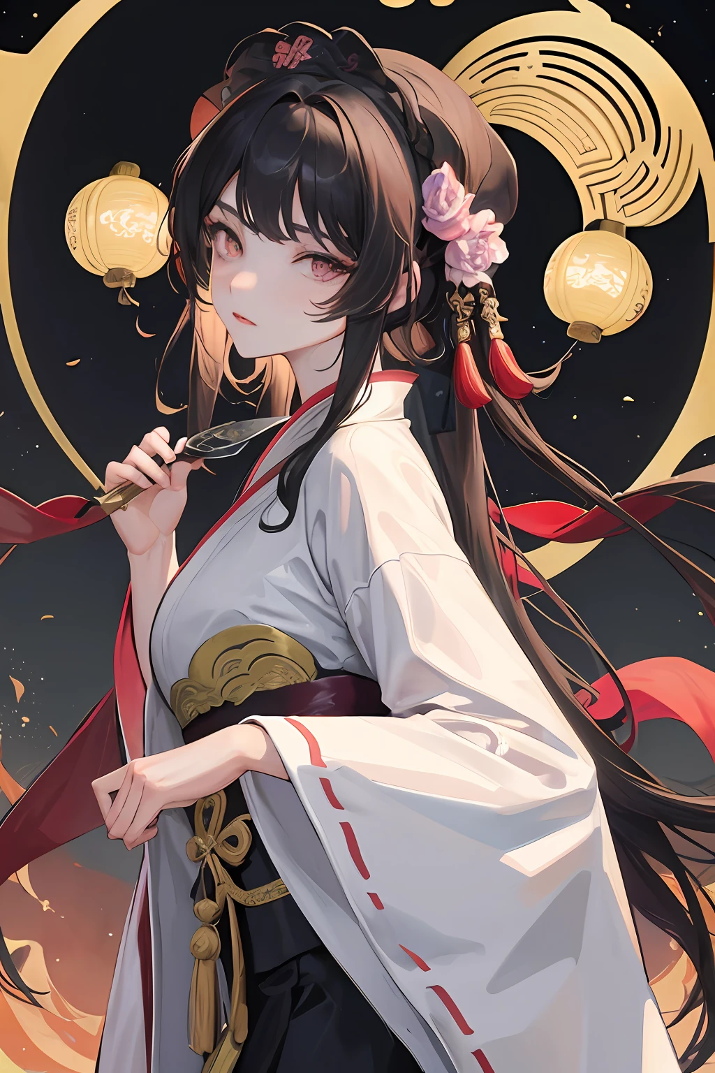 Masterpiece, Best quality, Night, full moon, 1 girl, Mature woman, Chinese style, Ancient China, sister, Royal Sister, Cold expression, Expressionless face, Long-haired black woman, Light pink lips, calm, Intellectual, tribelt, blackigeyes, assassins, short knife, flower ball background, Stroll through the snow-capped streetscape,Tang style green Hanfu,