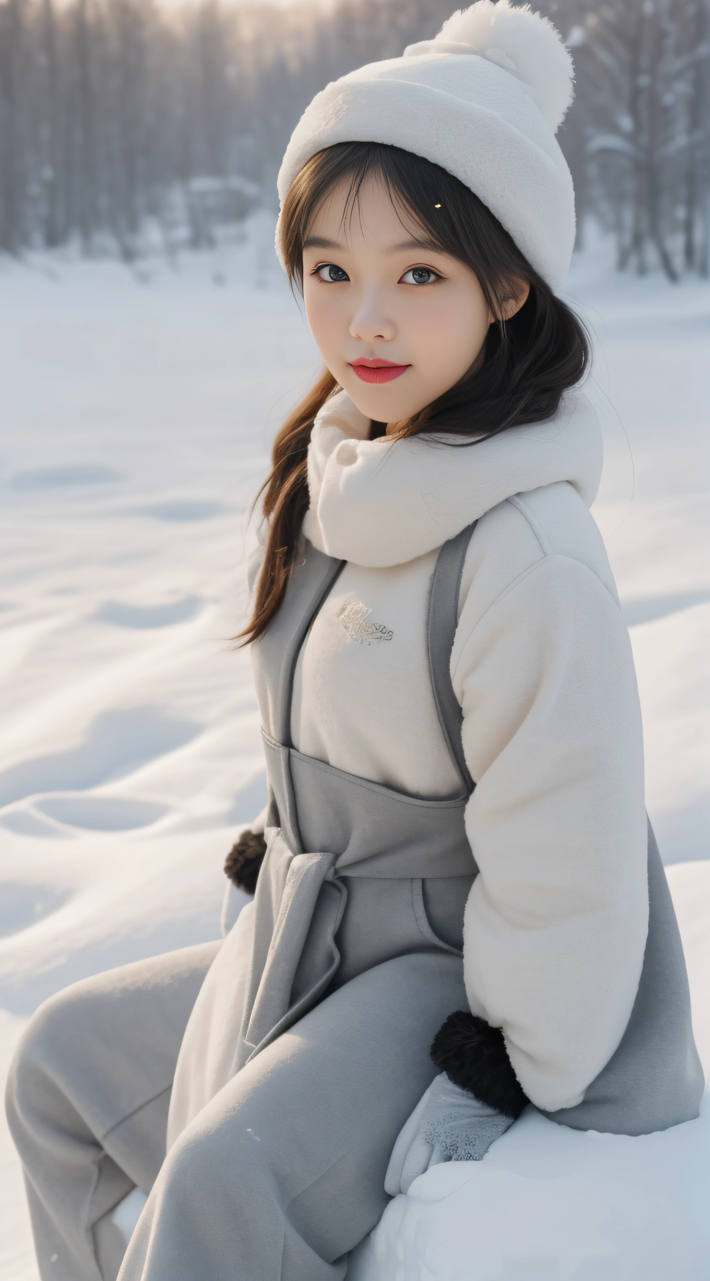 Cute big snowman+Play with Snow Woman，Focus:1.2, perfect figure beautiful woman:1.4,，Best face quality, Ultra-high  detail，Ultra-high pupil detail，slimfigure，ssmile，Smaller ，at winter season，围巾，outside，Sit Pose，Hair is slightly curled，Single horsetail，Small leather shoes，Furry overall gloves，