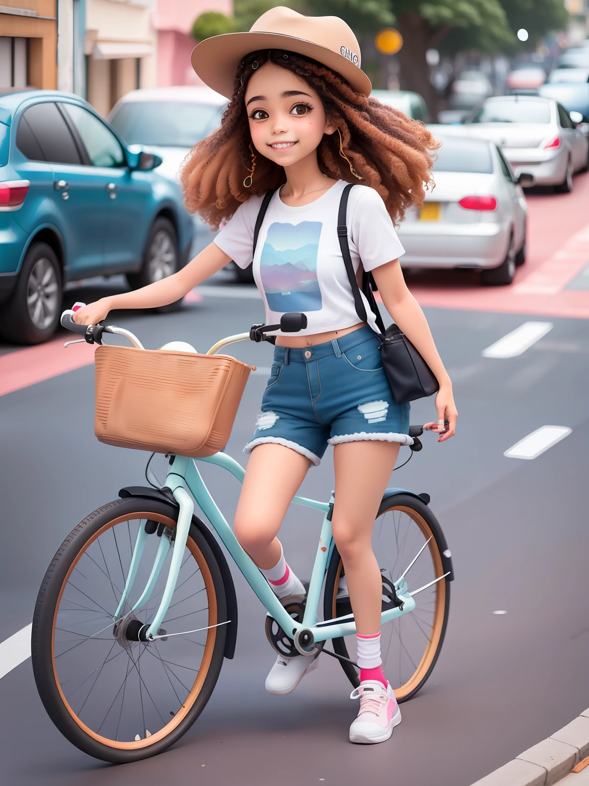 cute menina morena andando de bicicleta, touca e moletom, sorriso claro, corpo inteiro, :3, cabelo moreno longo e curto, preso, Modern accessories, fundo tom pastel , colorido e simples.
