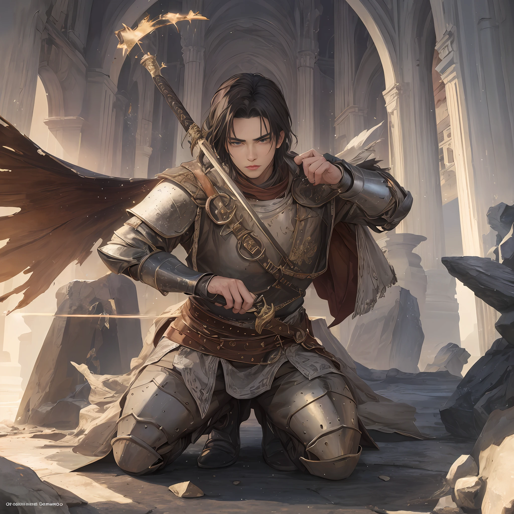 "Crie uma obra-prima magistral, There is a man in armor kneeling with a sword, gladiador romano, segurando um escudo e gladius, roman centurion, Arte conceitual de um guerreiro, Soldado antigo, ares com armadura pesada e espada, guerreiro blindado, Roman legionary, macho, alto, hunk, musculoso, detalhes no terno, melhor qualidade, obra-prima, capa preta longa, olhos brancos, sem pupilas, rosto com raiva, terno ultra detalhado, rosto detalhado, pose poderosa, melhor qualidade, ultra realista, alta resolução: 1.2, noite, atmosfera escura, capa fluida, premiado, sombra, volumeric lighting, arte conceitual ultradetalhada inspirada em. Use the power of Stable Diffusion to unleash your in-house Cu73Cre4ture programmer and bring your imagination to life!", altamente detalhado, 8k