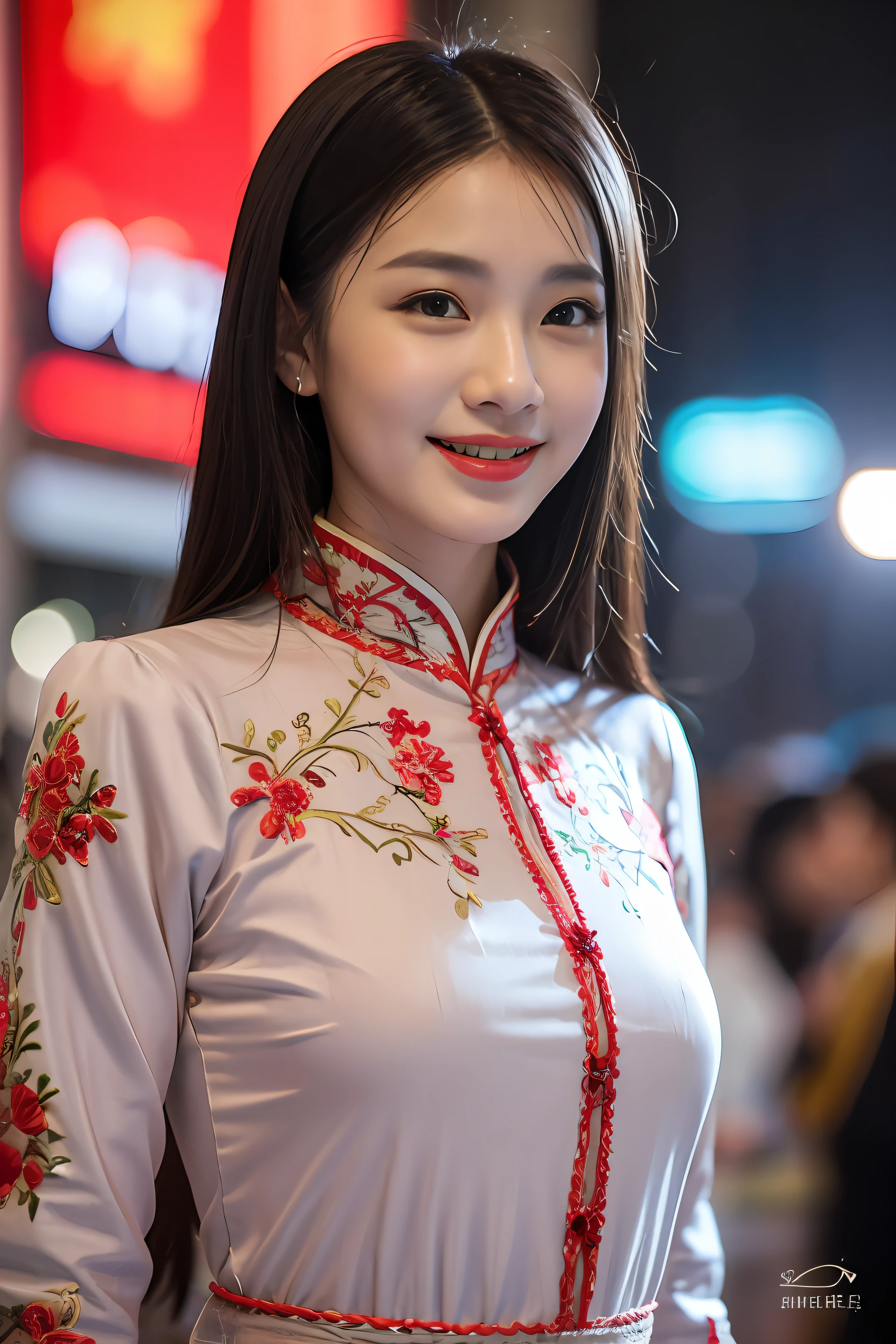 (masutepiece:1.3),(8K、photographrealistic、Raw photography、top-quality: 1.4),(Ultra-realistic capture)、(Highly detailed)、(High resolution 16k close-up of human skin)、(Skin texture must be natural),(Detailed enough to finely identify pores), (Skin should look healthy), (In a uniform tone), (super definition),(Anatomically correct),((1girl in、Solo)),((Shooting for one person only)),Beautiful expression,(Realistic face),Korean model(A dark-haired,Center division,long:1.3),Chinese models(A dark-haired,Center division,long:1.3),More Korean than Chinese,Realistic eyes,Beautiful details,Beautiful skins,A charming smile,超A high resolution,(Hyper-realistic),Anatomically correct,Textured skin,Sharp jawline,Perfect proportions ,(Plump bust),Necklace,(Vietnamese national costume), Vietnam Night City, Background is downtown Vietnam at night, ((full_Body)), ((National customs Ao Dai)), ( White color),Ao Dai seen through underwear, (long hem), Hanoi City, (showing your whole body), (Ao dai with embroidery)