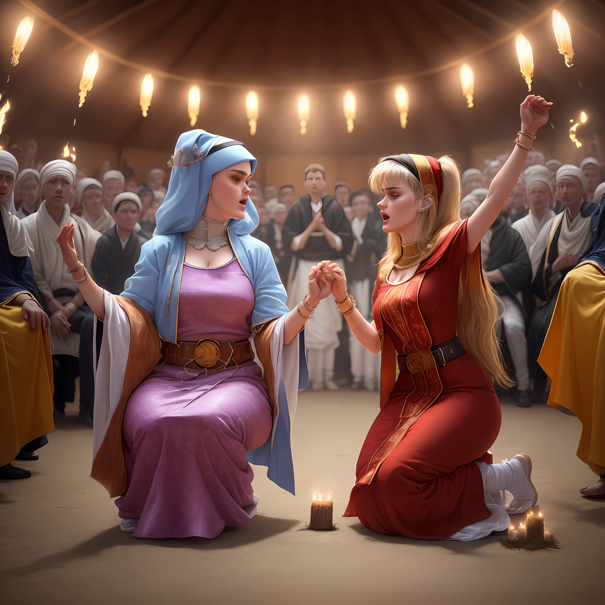 Katy Perry and Justin Bieber in Midssomar during a ritual in Hårga. Very detailed and realistic.