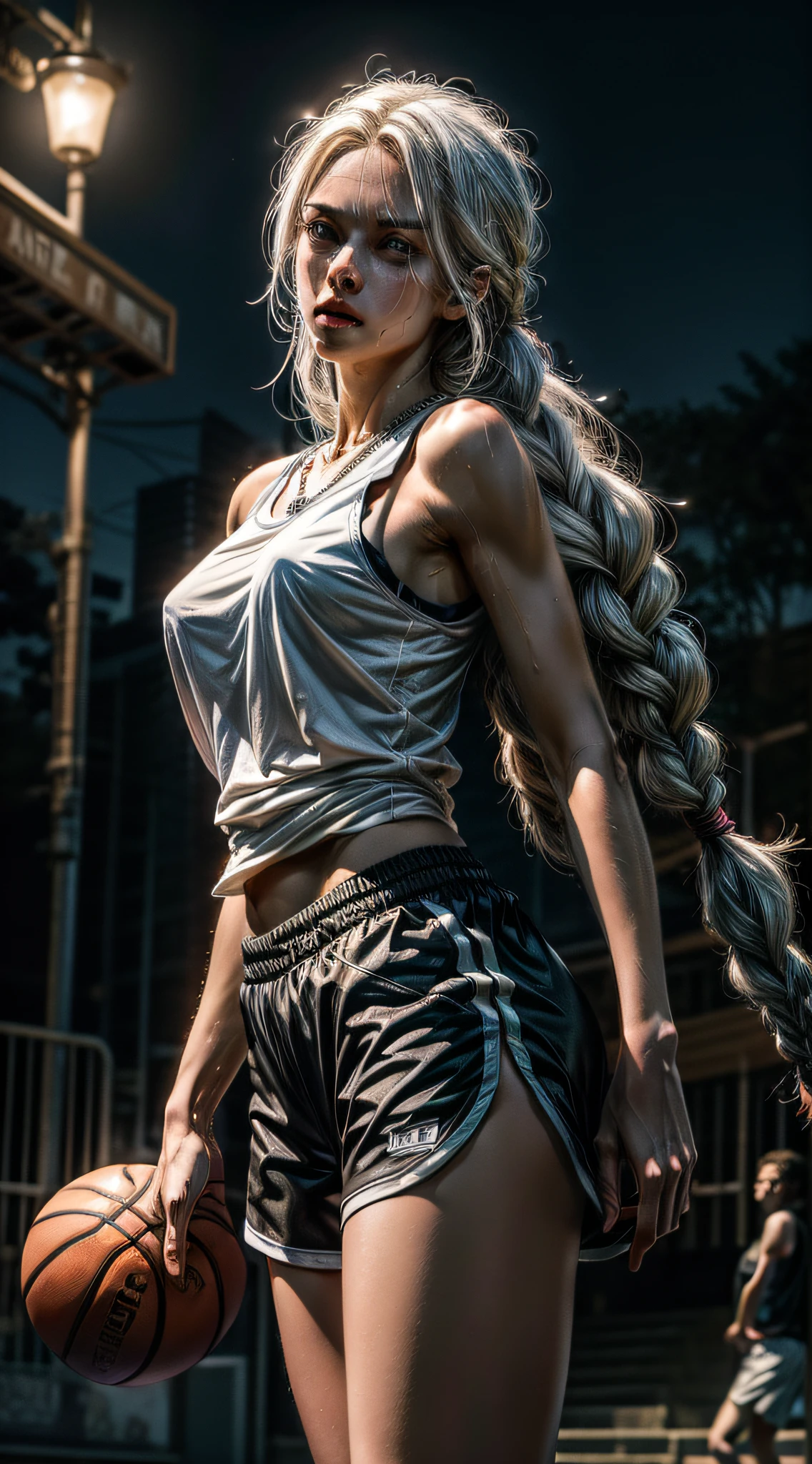 1girl, full body, very tall, athletic body, lean body, dark skin tone, (white hair), long hair, hair in 2 long braids, muscles, green eyes, sweaty, tired, serious, side boob basketball shirt, micro shorts, necklace, basketball court, (masterpiece, best quality, high resolution, ultra detailed), night, depth of field, still looking at viewer, low angle, bottom view, (incredibly detailed, expressive image)