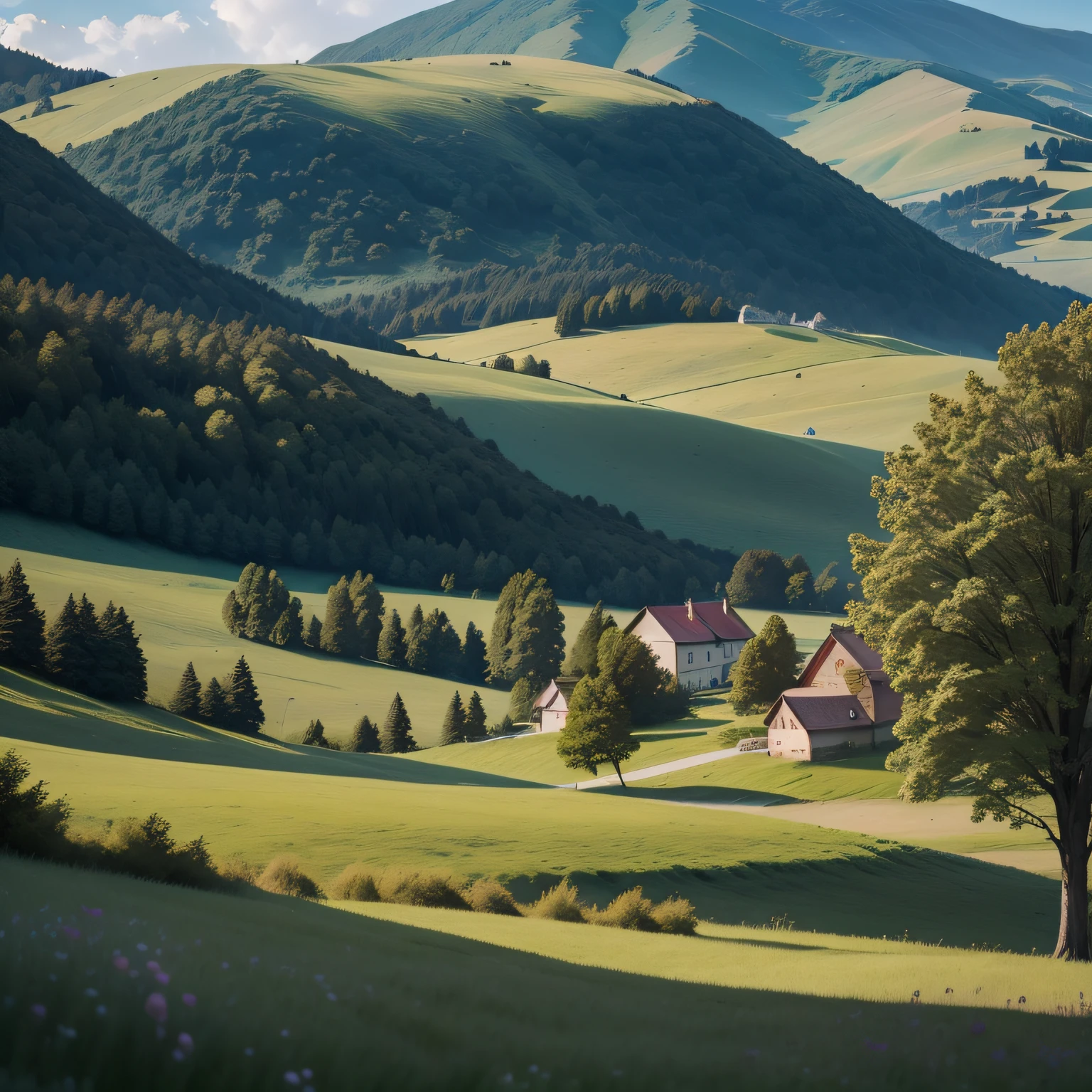 There is a fence on the meadow hillside and several houses, meadows on hills, Countryside, rural landscape, transylvania, pastures, hillside, rural splendor, carpathian mountains, grassy hill, Village, grass mountain landscape, green field with village ruins, Downhill view, trees in the grassy hills, Farm, A wooden house built on a hill,The overall composition is dark green,HighestQuali,8K,tmasterpiece,Ultra photo realsisim