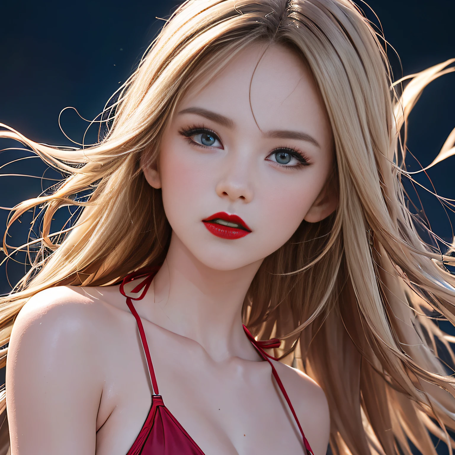 (8K, RAW Photos, of the highest quality, Masterpieces: 1.2), (Realistic, Photorealistic: 1.37), Highest Quality, Ultra High Resolution, light  leaks, Dynamic lighting, Slim and smooth skin, (Full body:1.3), (Soft Saturation: 1.6), (Fair skin: 1.2), (Glossy skin: 1.1), Oiled skin, 22 years old, Night, shiny white blonde, Well-formed, Hair fluttering in the wind, Close-up shot of face only, Physically Based Rendering, From multiple angles, The bikini, Red glowing lipstick