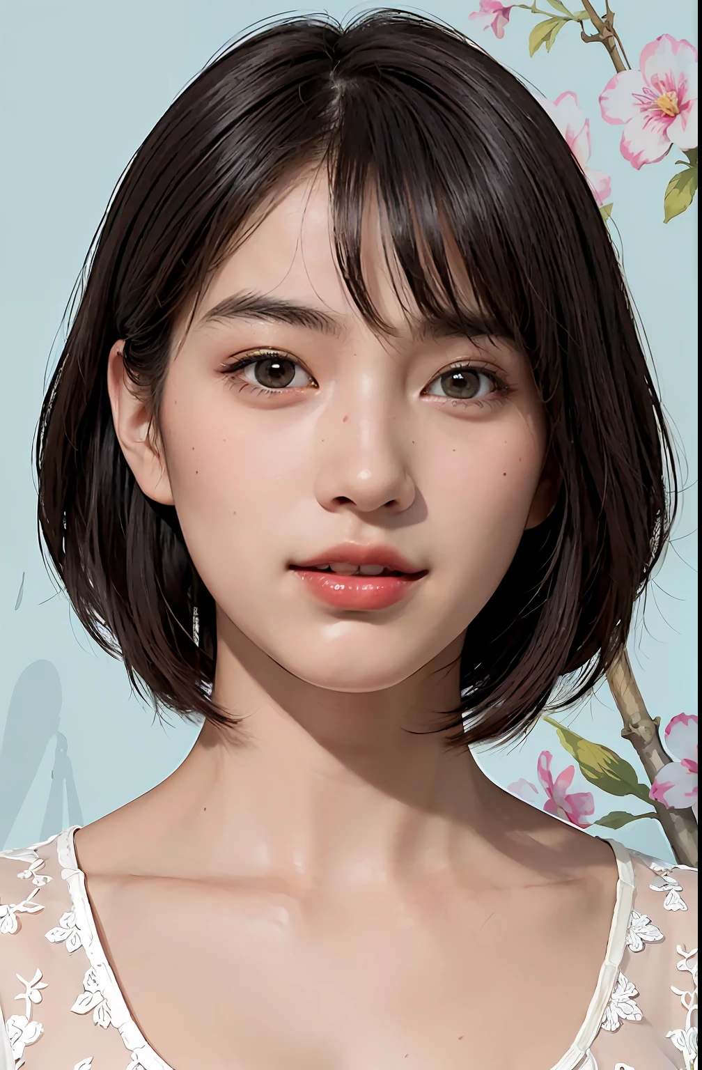 (Ultra photo realsisim), (Illustration), (High resolution), (8K), (Very detailed), (Best Illustration), (Beautiful detailed eyes), (Best Quality), (ultra-detailliert), (masutepiece), (wall-paper), (Detailed face),full of sweat,full body Esbian,,brunette color hair,cleavage,Solo,Cosplay, japanes, Big Tits, Smile, Summer