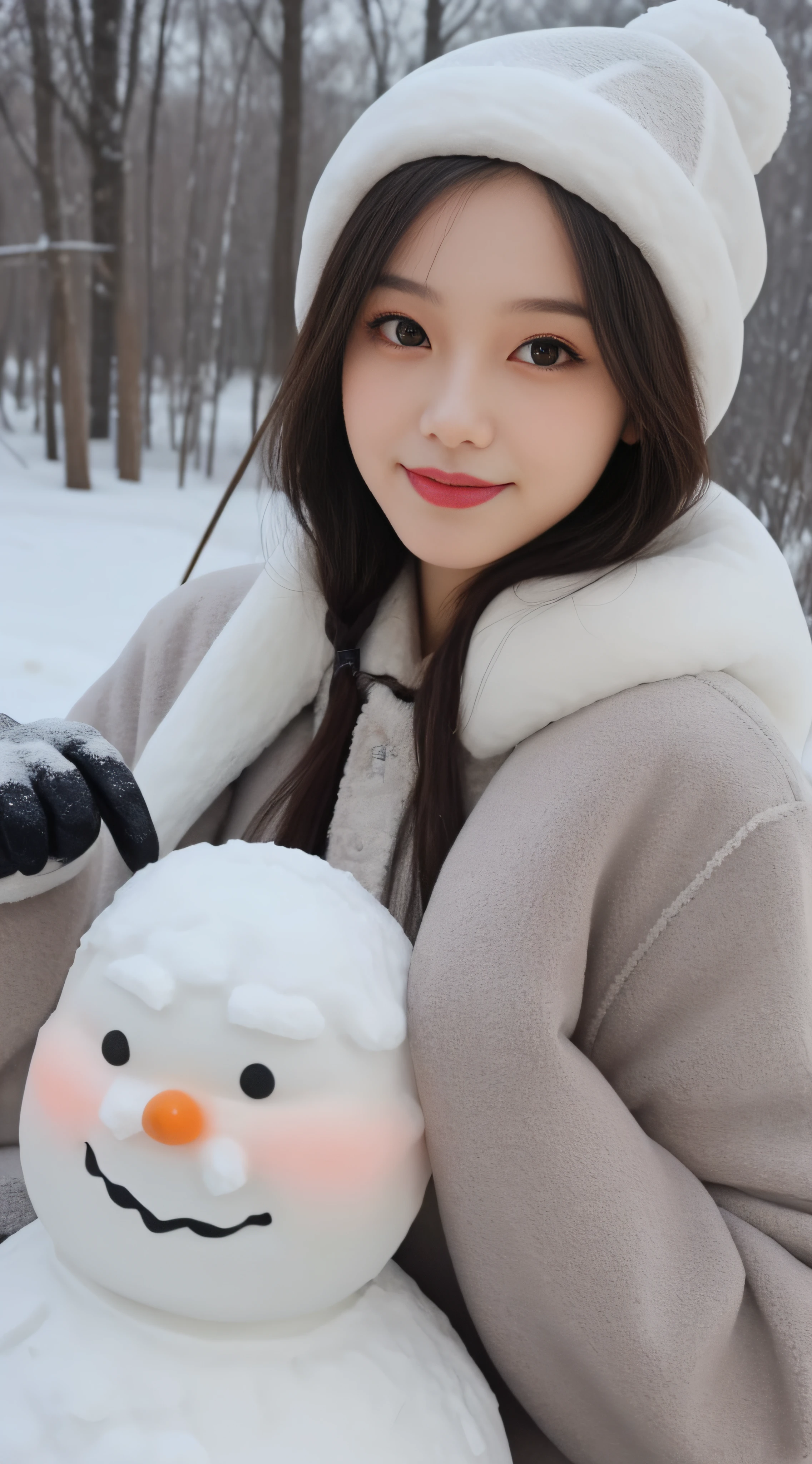 Cute big snowman+Play with Snow Woman，Focus:1.2, perfect figure beautiful woman:1.4,，Best face quality, Ultra-high facial detail，Ultra-high pupil detail，slimfigure，ssmile，Smaller bust，at winter season，围巾，outside，Sit Pose，Hair is slightly curled，Single horsetail，Small leather shoes，Furry overall gloves，