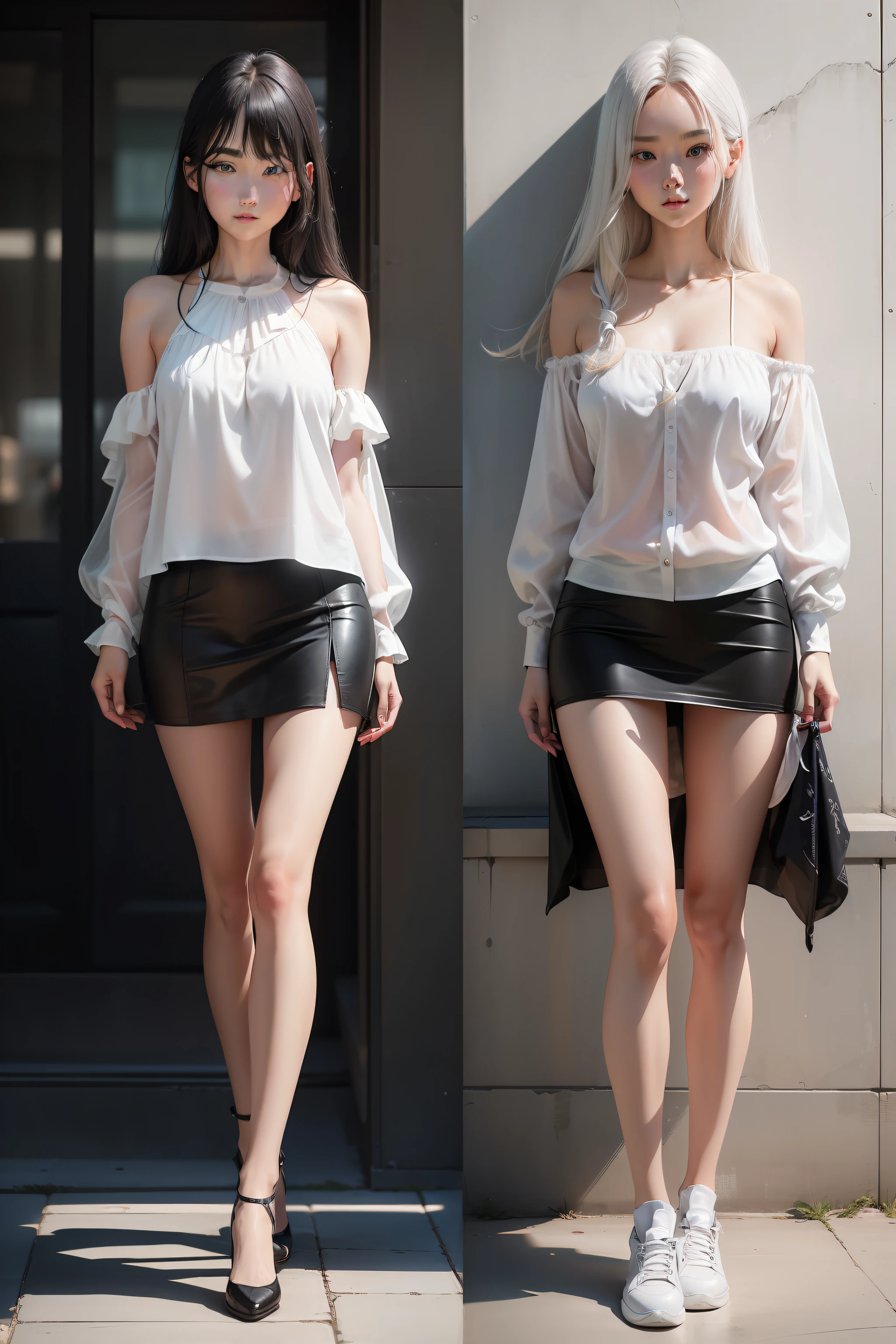 27-year-old woman、white  shirt（Soak 1:2）、sliver long hair、Black cloth skirt（Soak 1:2)、super high image quality、correct faces、Thin leg white silk、blue color eyes、exposed bare shoulders、Precise face、By bangs、Full body photo、8k