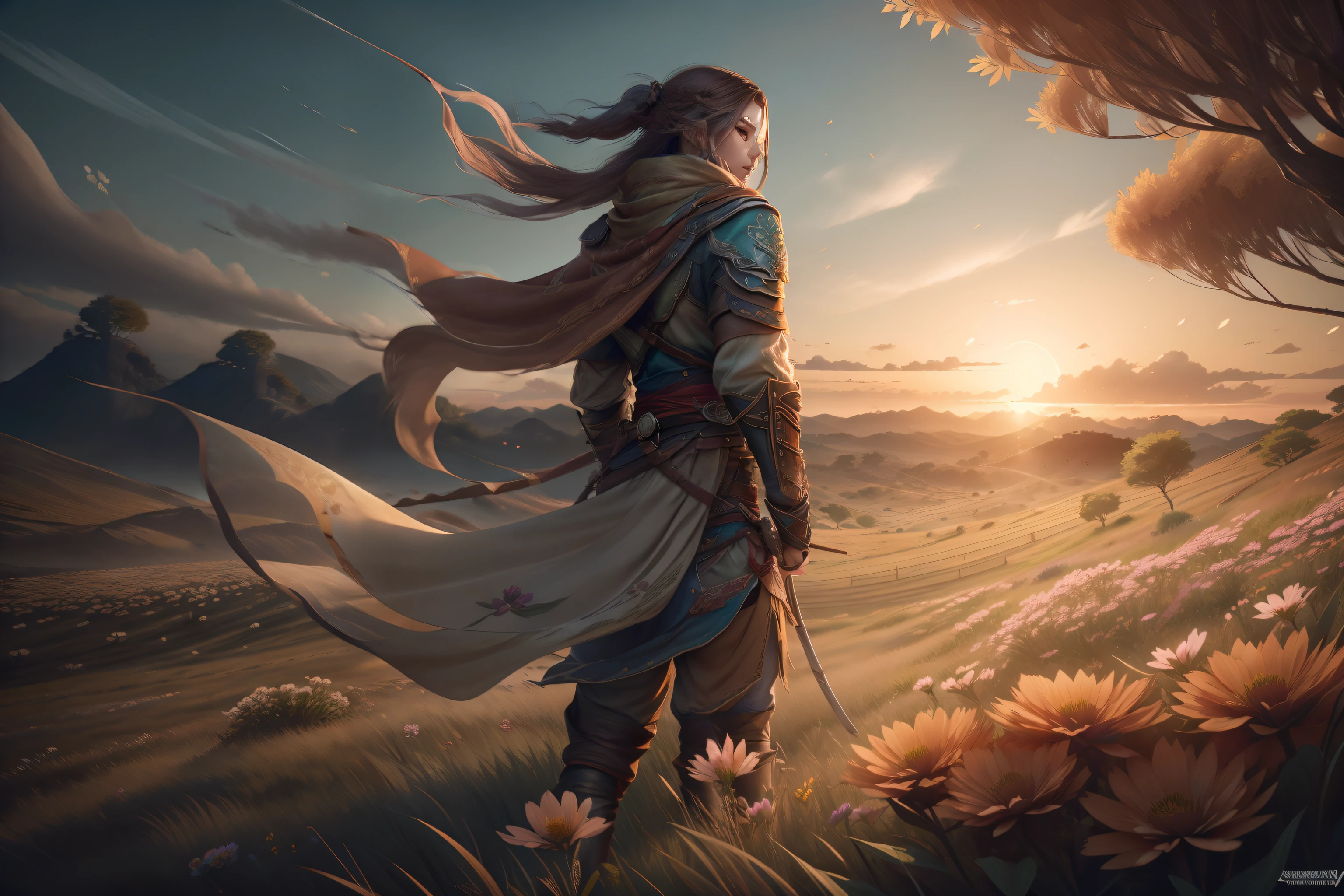 assasin samurai with a blind fold standing on a hill staring at a sunset, peaceful, back shot, assasin gear, brown hair in the wind, windy particles, assasins creed style, anime, beautiful game design, beautiful shot capturing trees, grass, flowers, lush safari, sunset ,ultra detailed, 4K digital art, brown dusty clothing, leather gear, scarf, facing forward, field of flowers, low angle camera shot, unreal engine 5, warm colours