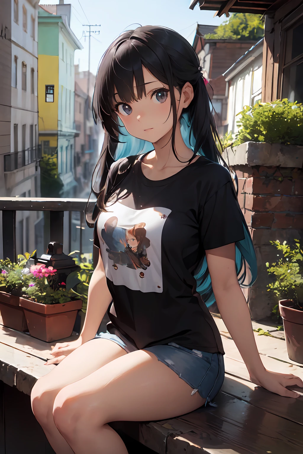 (Best quality, masterpiece, ArtStation, Fantasy Art:1.2), a beautiful cute girl, garden balcony, (long messy ginger hair:1.1), (long black t-shirt, bare legs:1.2) , blue hair , stunning, elegant, particules, best piece, masterpiece, smooth light, detailed, intricate, 50mm, realistic, digital art, photography, digital art, 4k, art, wlop, artgerm, sophie anderson,