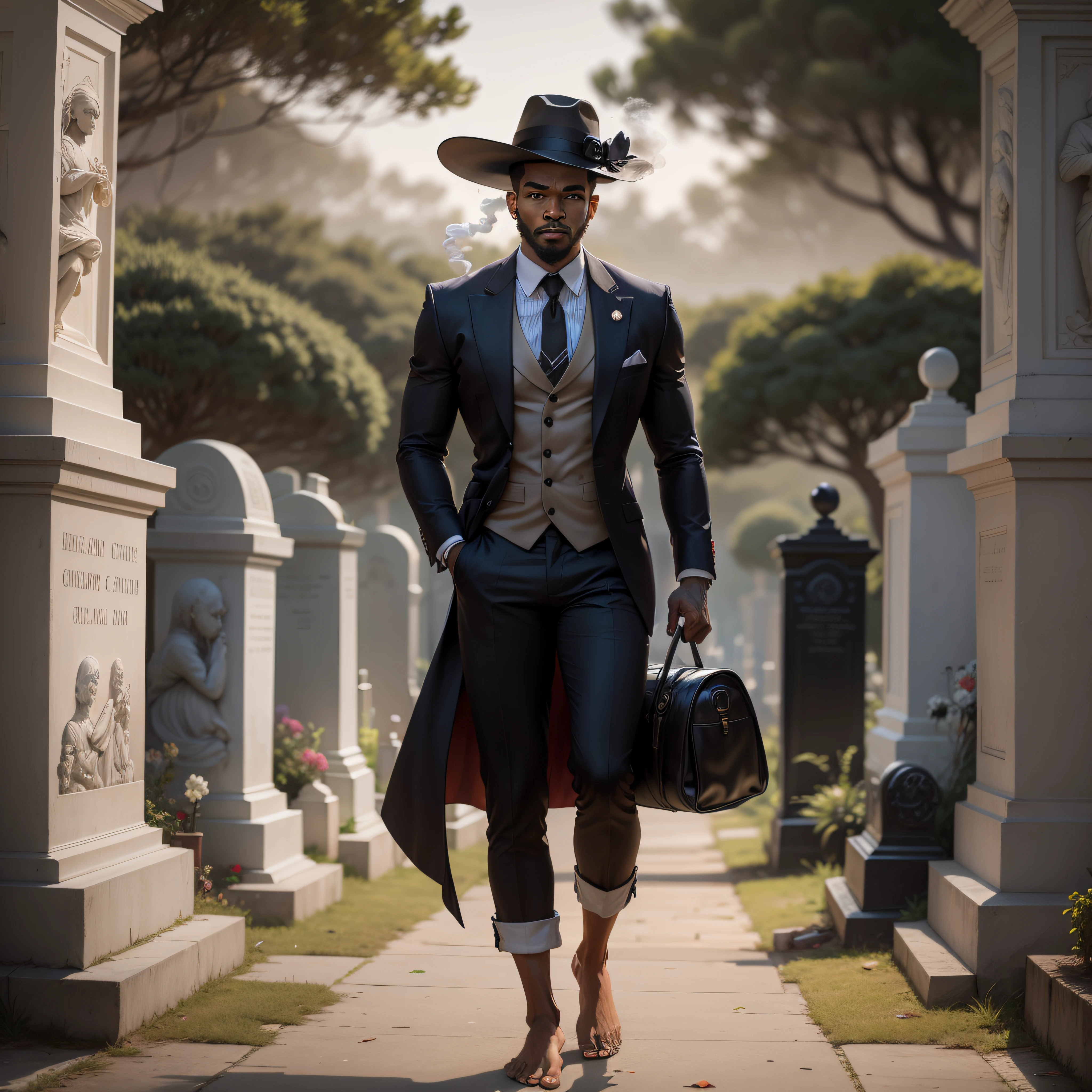 Homem alto, homem forte, capa preta, large hat, Inside the cemetery, cemetery gate, highes definition, Entidade, afro, homem negro, graves, forte, barefoot, noite, escurecer, smoke billowing, nevoeiro, barba, sem chinelo, Drink in hand.