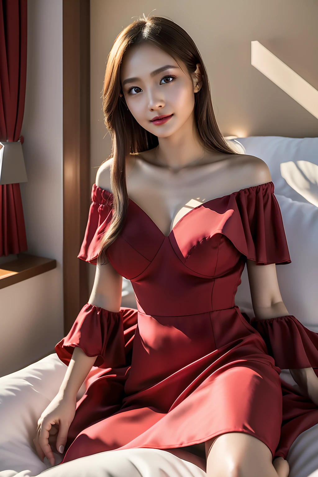 A tall and slender girl，In the bedroom, Tight off-the-shoulder crimson dress, ((small_Breasts)), 鎖骨, Small head, (Photorealistic:1.2) (Best quality) (Intricate details) (8K) (High Poly) (Ray tracing) (Cinema lighting) (Sharp focus) (Detailed face), Whole body, realistic skin textures, long leges，blacksilk