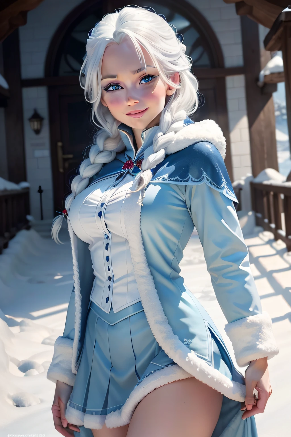 character elsa from disney's frozen movie, adult, blue eyes, white hair like the character's, focus on the details of the character's face, sexy winter outfit, smile, rosy cheeks, red schoolgirl skirt