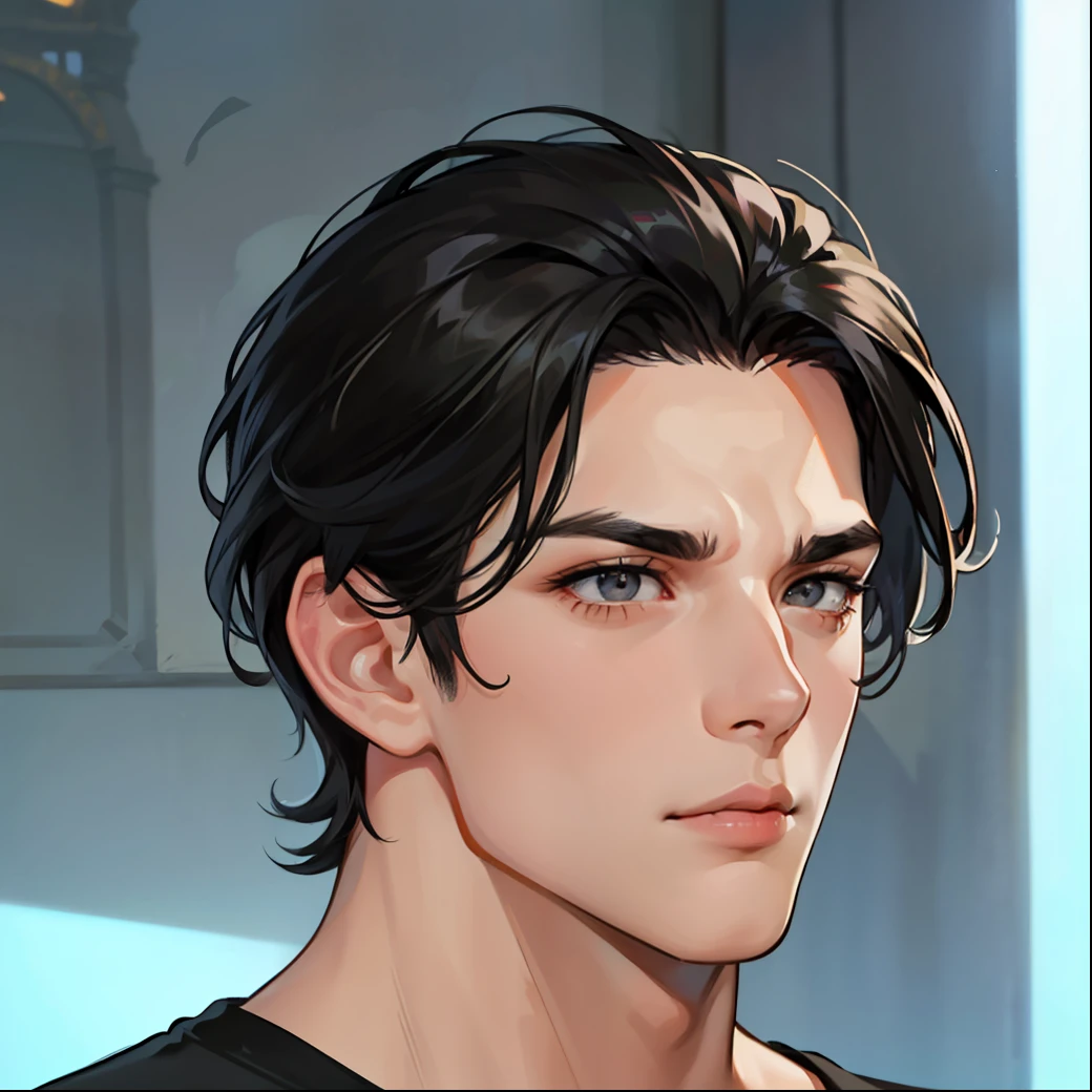 1Adult male,large tall,Black color hair,Black eyes,Thick lashes,short detailed hair,Handsome,The expression is serious,European and American style,Face portrait,tee shirt