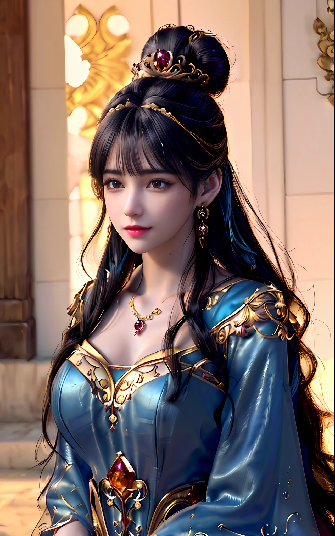 ((realisticity: 1.2)), ((best resolution: 8K UHD)), best quality,masterpiece,highres,cg,
((1 super detailed and super realistic girl)), ((very beautiful queen dazzling, super realistic, and super detailed)),((white skin, beautiful, smooth, youthful, super realistic and super detailed
)), long hair, ((super realistic and super detailed dress)), solo, ((super realistic, super beautiful, gorgeous and super detailed jewelry)), ((super beautiful, super realistic and super detailed dark red and golden yellow dress)),
((super beautiful, super realistic, super detailed diamond filled earrings)),
  ((super beautiful, super realistic and super detailed diamond filled hair ornament)), ((super beautiful upper body, super beautiful, super realistic and super detailed)), ((big breasts: 2.5)), 
((super grand, super realistic and super detailed royal palace backgroun))
((super beautiful, super beautiful, super realistic and super detailed hair bun)), ((super beautiful, super realistic and super detailed blue hair)),
candid, Photograph, high resolution, 8k,Bokeh,