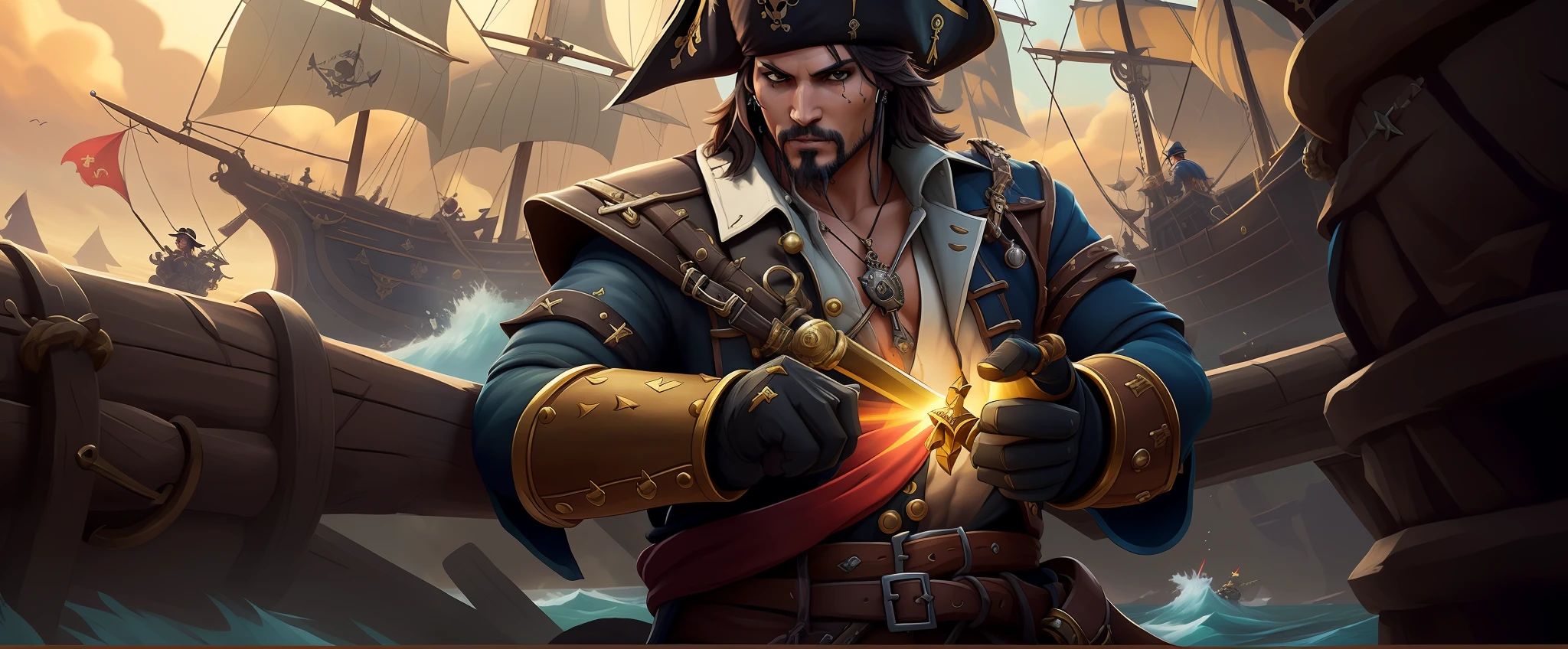 pirate with a sword and a chest full of gold, Holding a menu with your left hand, pirata da classe swashbuckler, retrato pirata, sea of thieves style, Pirate Captain, pirata, um pirata, Rei dos piratas, arte oficial splash, pirate setting, pirataria ornamentada, sea of thieves, artgerm detalhado, collectible card art, Piratas, arte completa, arte splash, Careca Macho Swashbuckler