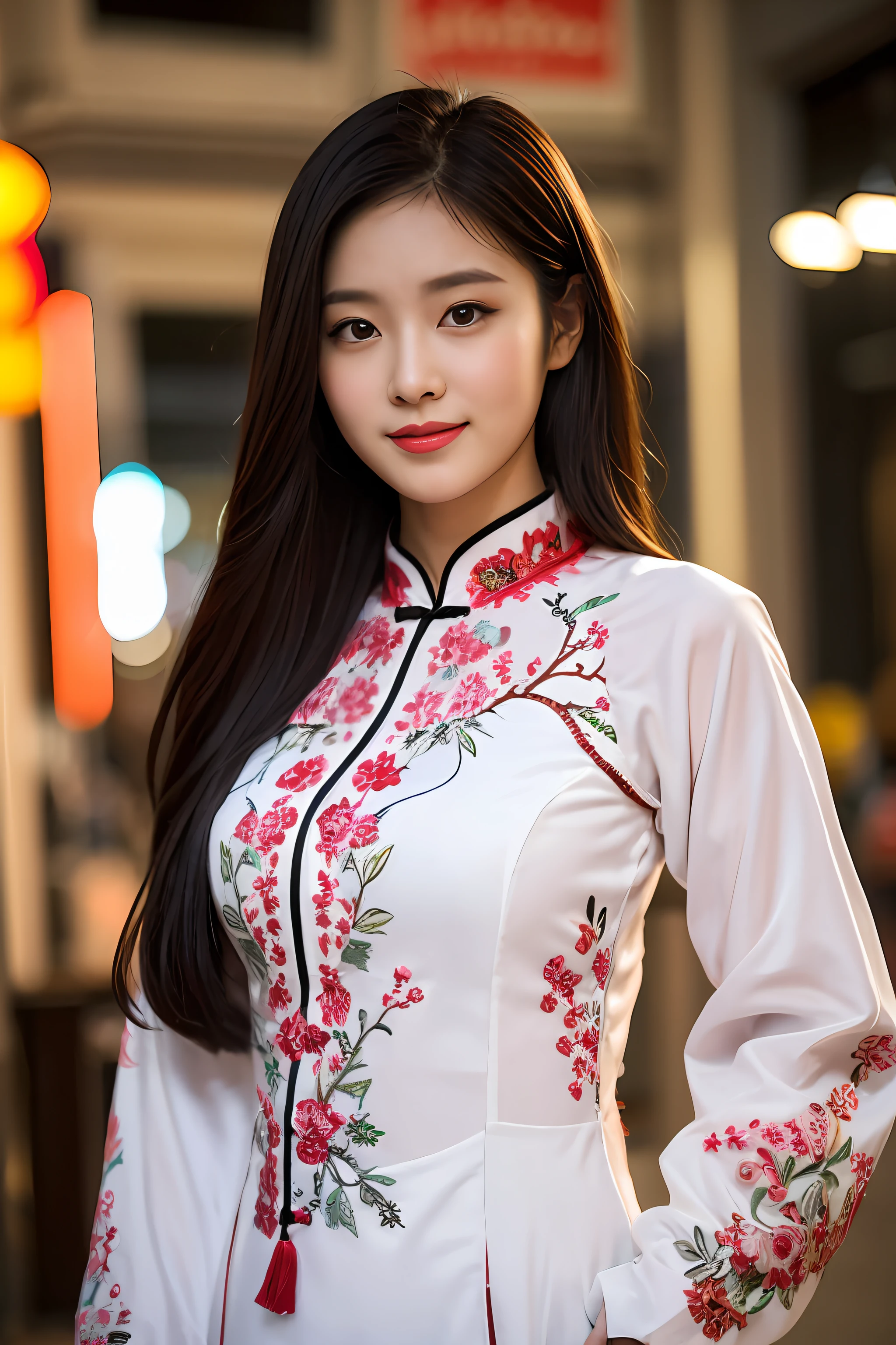 (masutepiece:1.3),(8K、photographrealistic、Raw photography、top-quality: 1.4),(Ultra-realistic capture)、(Highly detailed)、(High resolution 16k close-up of human skin)、(Skin texture must be natural),(Detailed enough to finely identify pores), (Skin should look healthy), (In a uniform tone), (super definition),(Anatomically correct),((1girl in、Solo)),((Shooting for one person only)),Beautiful expression,(Realistic face),Korean model(A dark-haired,Center division,long:1.3),Chinese models(A dark-haired,Center division,long:1.3),More Korean than Chinese,Realistic eyes,Beautiful details,Beautiful skins,A charming smile,超A high resolution,(Hyper-realistic),Anatomically correct,Textured skin,Sharp jawline,Perfect proportions ,(Plump bust),Necklace,(Vietnamese national costume), Vietnam Night City, Background is downtown Vietnam at night, ((full_Body)), ((National customs Ao Dai)), ( White color),Ao Dai seen through underwear, (long hem), Hanoi City, (showing your whole body), (Ao dai with embroidery)