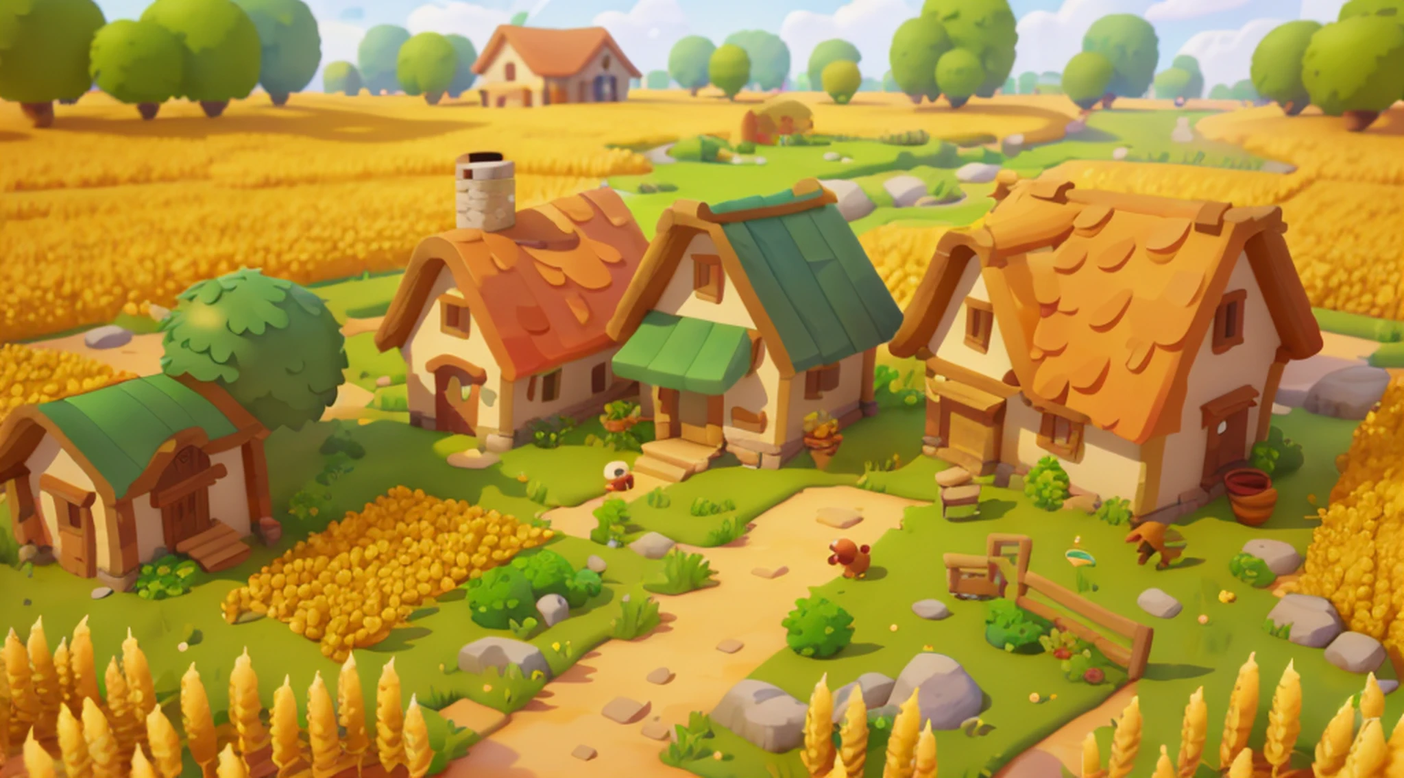 game architecture design, farm, cartoon, a large wheat field, farm, stone, grass, vegetable, wheat, trees, animals, casual play style, 3d, masterpiece, super detail, local, best quality