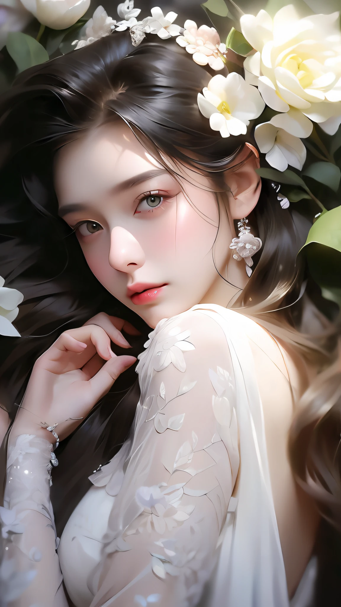 1 girl, full body photo, flaxen hair, flowing hair, hazy beauty, extremely beautiful facial features, white embroidered dress, hairpin on head, lying in a flower bush, hand dragging chin, perfect hand, camellia, (spring, rainy day, butterfly, cliff), simple vector art, contemporary Chinese art, soft light, entangled scarf, looking down