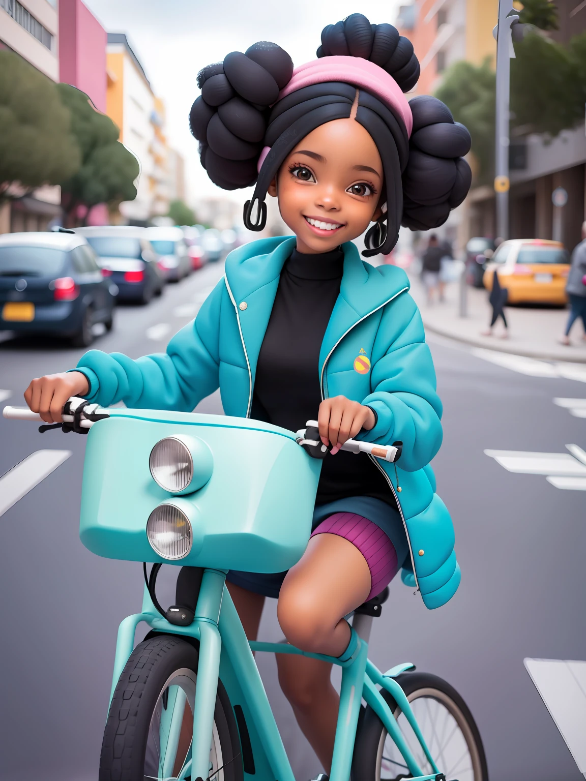 cute negra andando de bicicleta, capuz e moletom, sorriso claro, corpo inteiro, cabelo longo e curto, preso, Modern accessories, fundo tom pastel , colorido e simples.