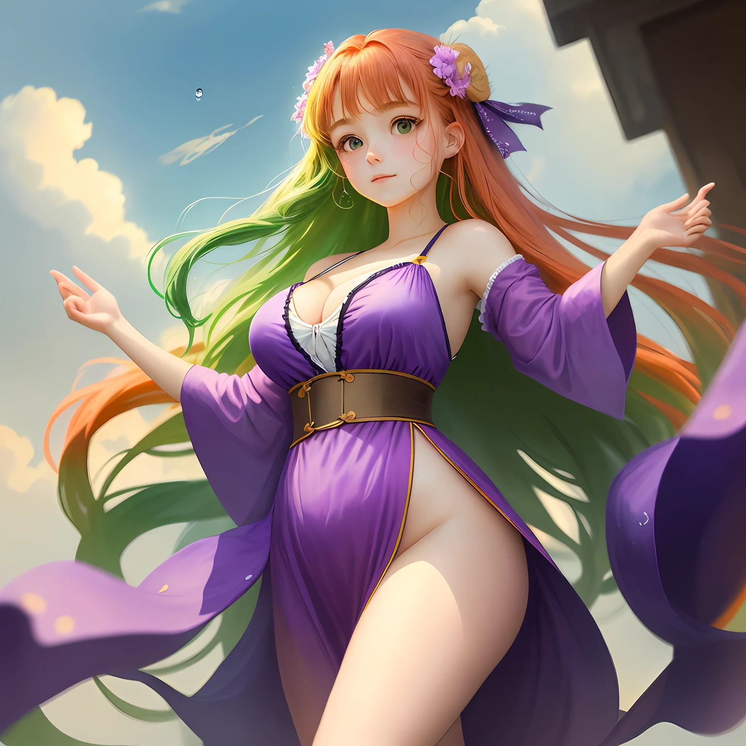 "(((A masterpiece))), Highest image quality, Very meticulous cute girl, levitating, A high resolution, dynamic angle, dynamicposes, (1个Giant Breast Girl), largeeyes, (red tinted hair:1.2+golden hair:1.3+Green hair:1.3+Purple colored hair+Colorful hair), Lovely white dance robe, Bow neck strap, Beautiful face, Splashing droplets, Clouds, twilight, Faraway view, Watercolor effect"