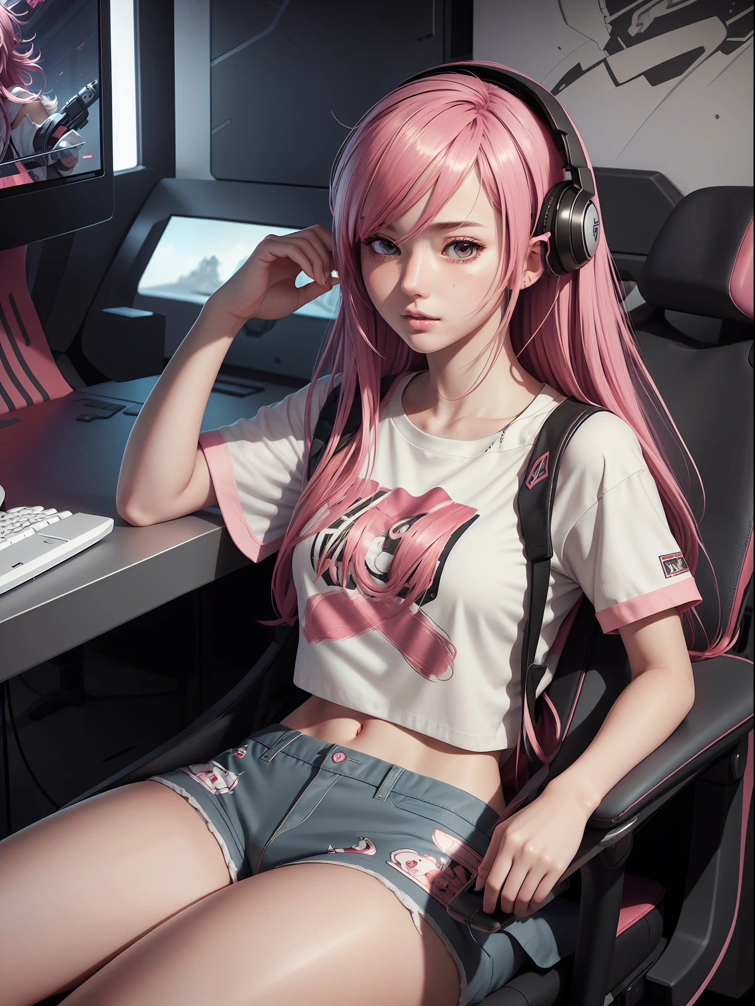 (masterpiece), (best quality), (ultra detailed),(disheveled hair),(illustration), (realistic), beautiful and cute gamer girl with white and smooth skin, thin body, red cheeks, elegant, pink hair, The gaming room, sitting on a gaming chair,wearing e-sport t-shirts, wearing shorts, Asian girl.
