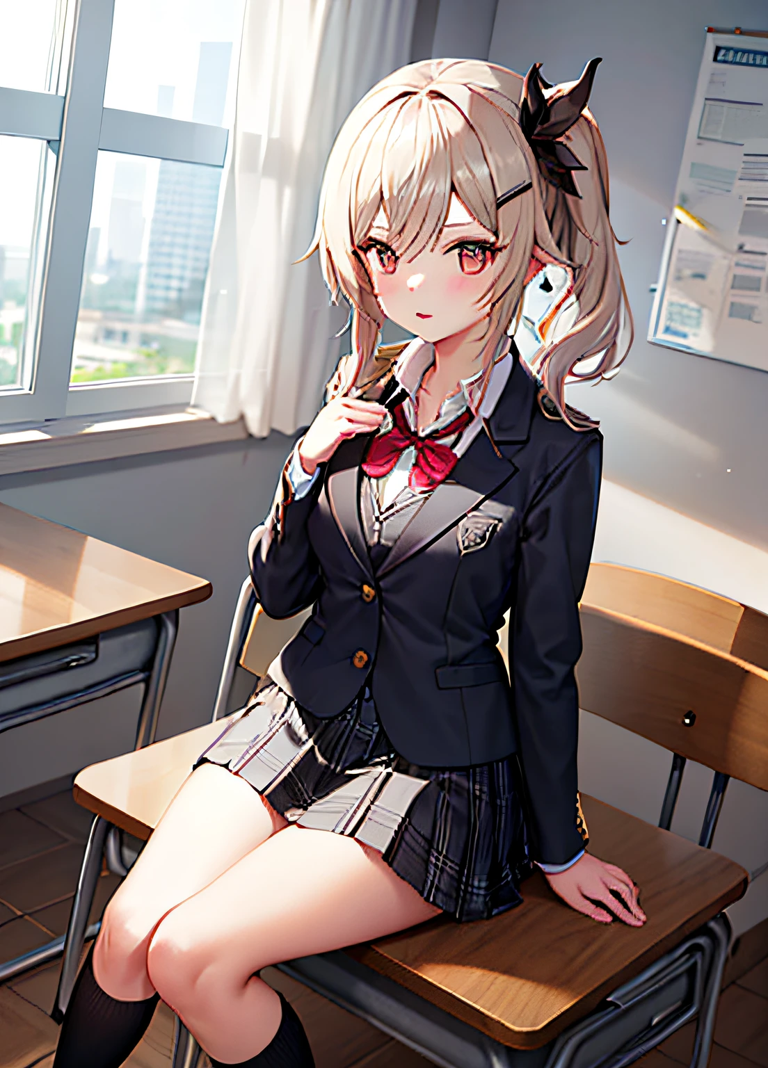 best quality, ((masterpiece)),extremely details, ultra high res, illustration,1girl,lumine \(genshin impact\),skirt, jacket, plaid_skirt, plaid, desk, blazer, solo, book, classroom, school_desk, hair_ornament, indoors, school_uniform,looking_at_viewer, pleated_skirt, blush, window, black_jacket, shirt, long_sleeves, mole, hairclip, collared_shirt