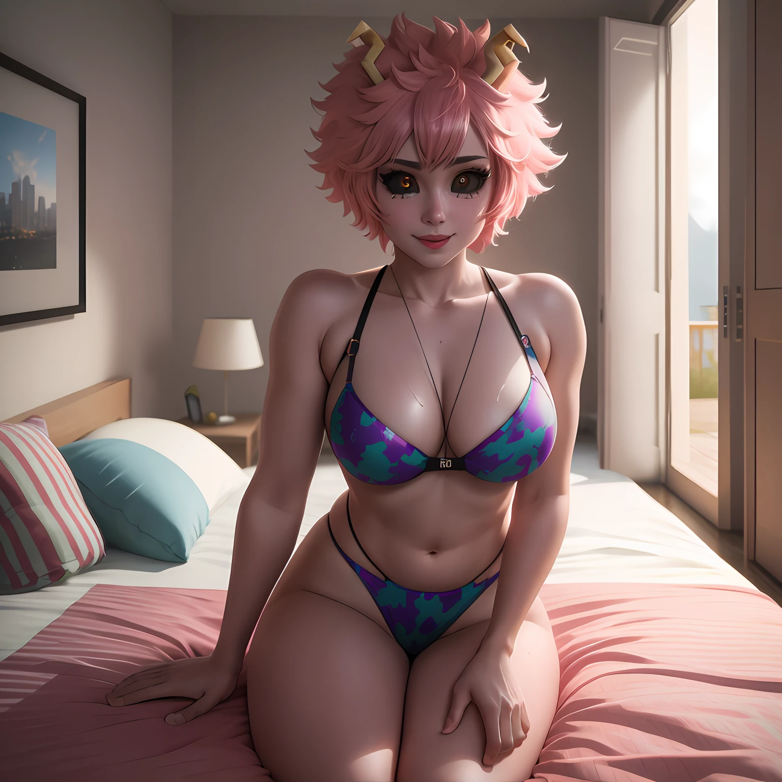 mina ashido de Boku no hero, ((cabelo rosa)), olhos pretos, rosto perfeito, cotton panties only, na cama, (estudo privado escuro, escuro e claro mal-humorado: 1.2) (dedo de camelo: 1.5) (peitinhos: 1.4) pernas abertas, Cinematic Wet Panties, Hiper-detalhado, detalhes insanos, Lindamente colorido, Unreal Engine, DOF, Super-Resolution, Megapixel, cinematographic lightning, Anti-Aliasing, FKAA, TXAA, RTX, SSAO, Post-processing, post - production, Mapeamento de Tons,  CGI, VFX, SFX, Insanamente detalhado e intrincado, Hiper maximalista, Hiper realista, volumetic, Fotorrealista, ultra fotorreal, ultra-detalhado, detalhes intrincados, 8K, Super detalhado, Colorido, Volumetric lightning, HDR, Realista, Unreal Engine, 16K, foco nítido, octan render, sorriso safado.