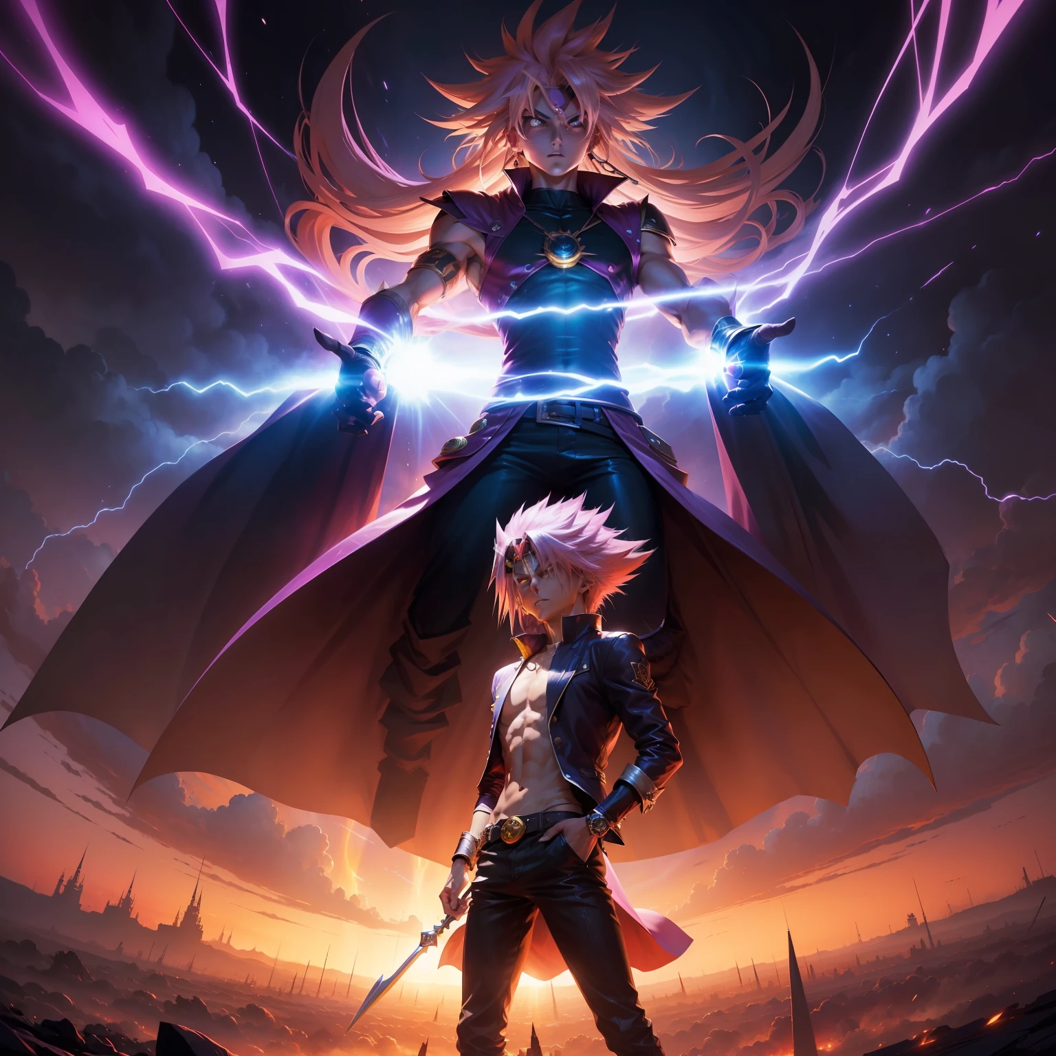 ((master part)), best quality, circunstanciado, illustration Anime style, cores vibrantes, dinamic poses, intense expressions, iconic characters (Yammi, Marik, Yugiho), Atmospheric Illumination, epic battle scene, magic effects, energia poderosa, dramatic composition.