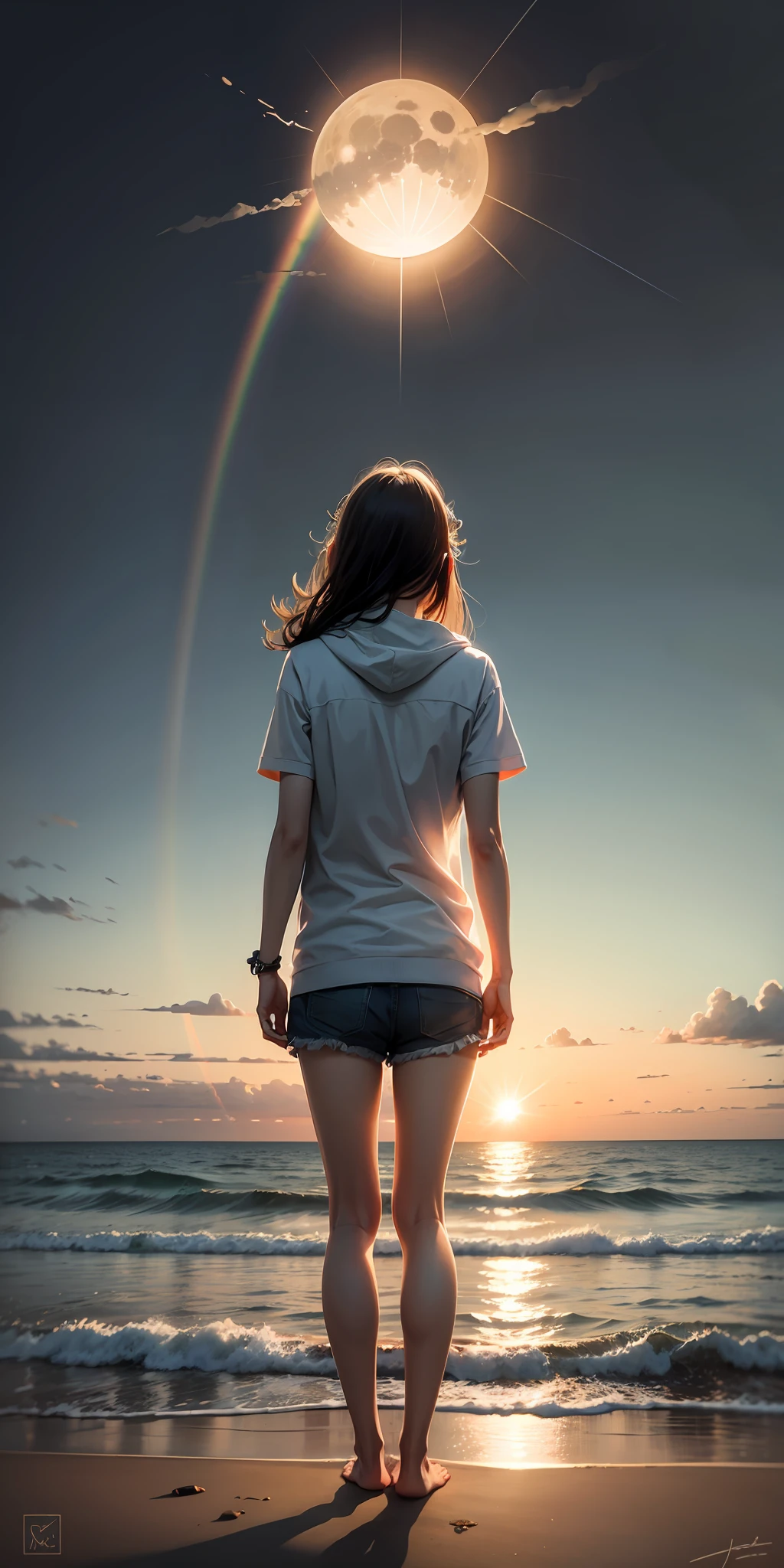 The sun and moon are in the same sky,There is a rainbow,There is the sea,There are waves,There was a teenager looking at the sea