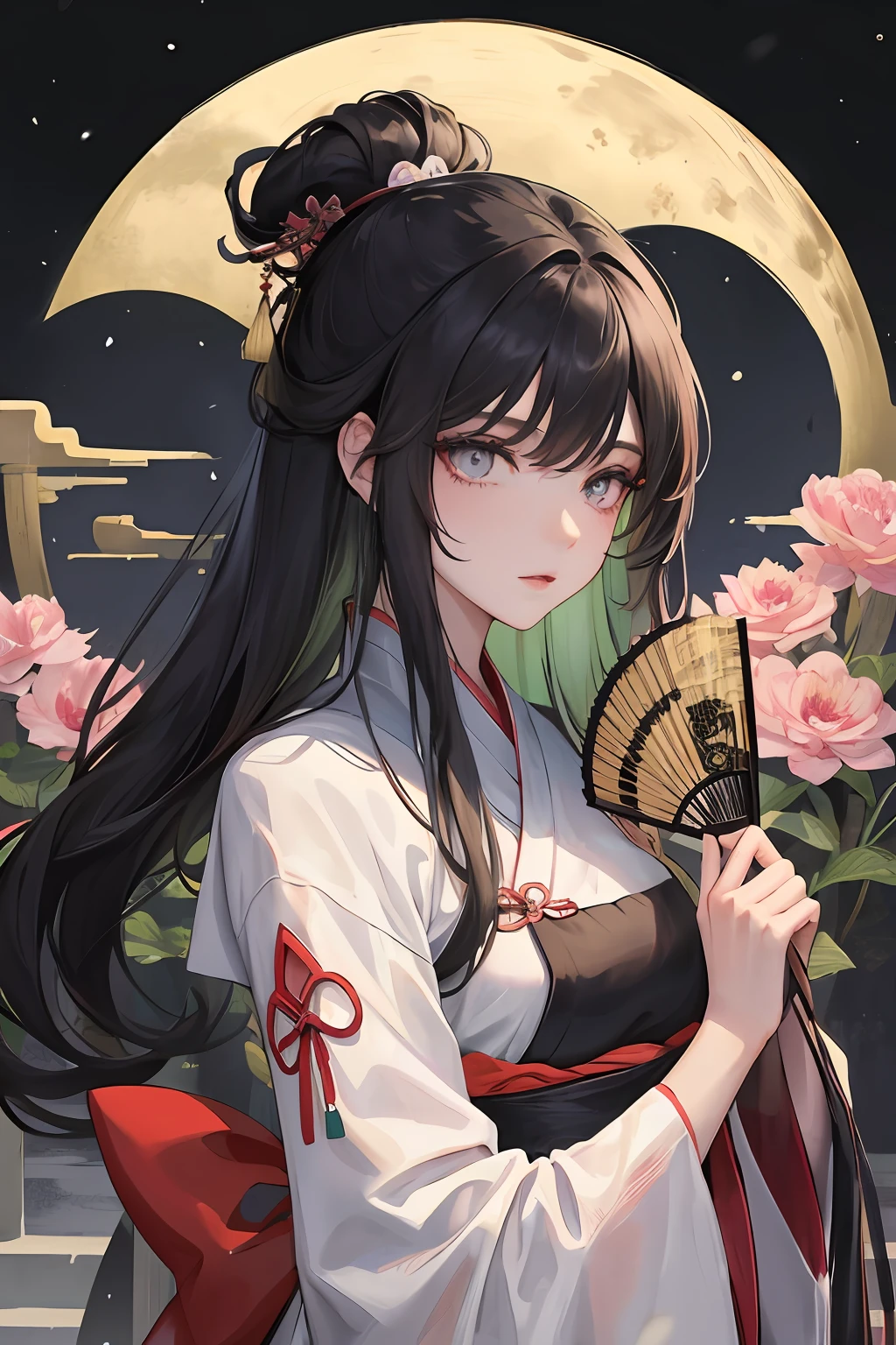Masterpiece, Best quality, Night, full moon, 1 girl, Mature woman, Chinese style, Ancient China, sister, Royal Sister, Cold expression, Expressionless face, Long-haired black woman, Light pink lips, calm, Intellectual, tribelt, blackigeyes, assassins, Black folding fan, flower ball background, Stroll through the snow-capped streetscape,Tang style green Hanfu,