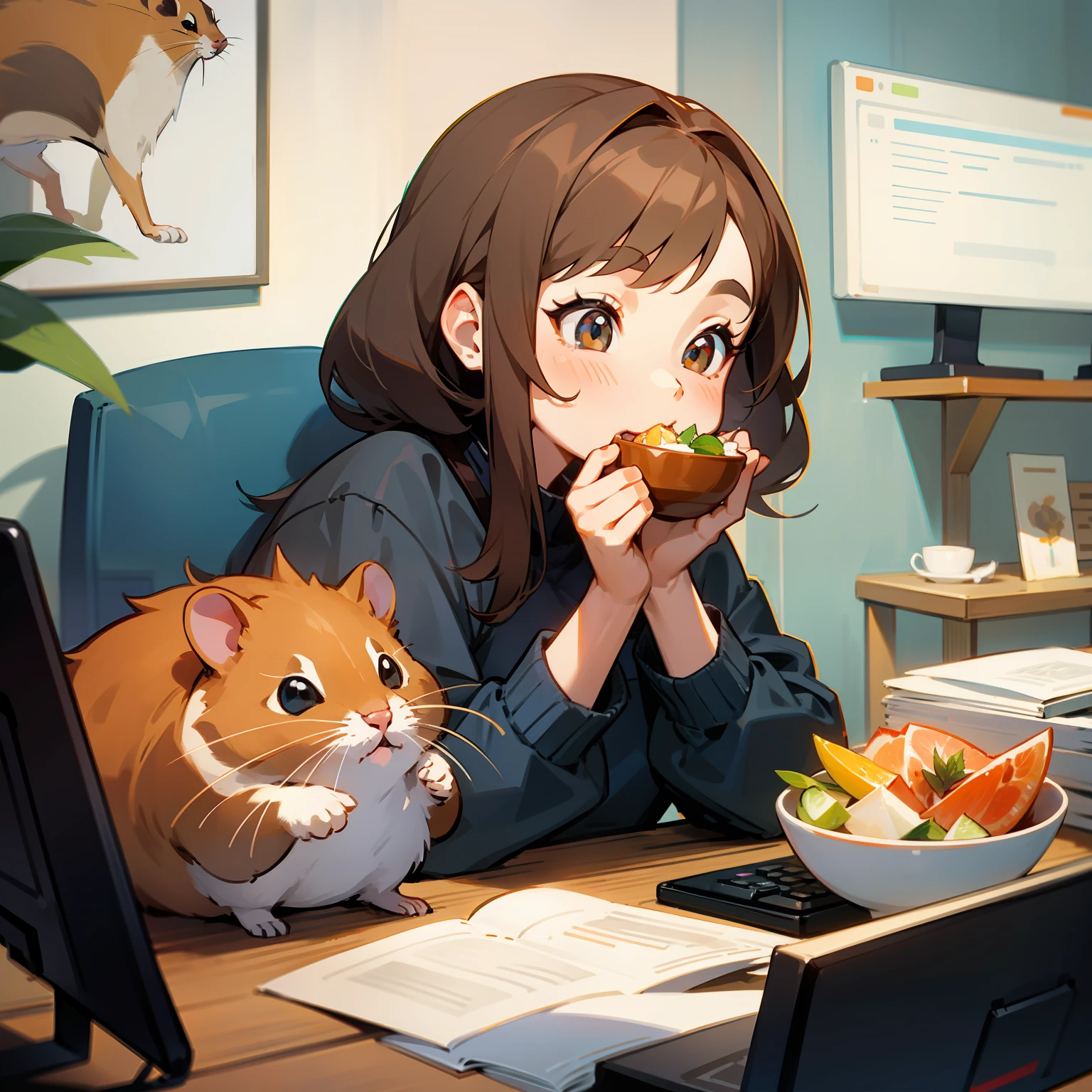 A hamster lady eats with a bowl,In front of the face is a computer