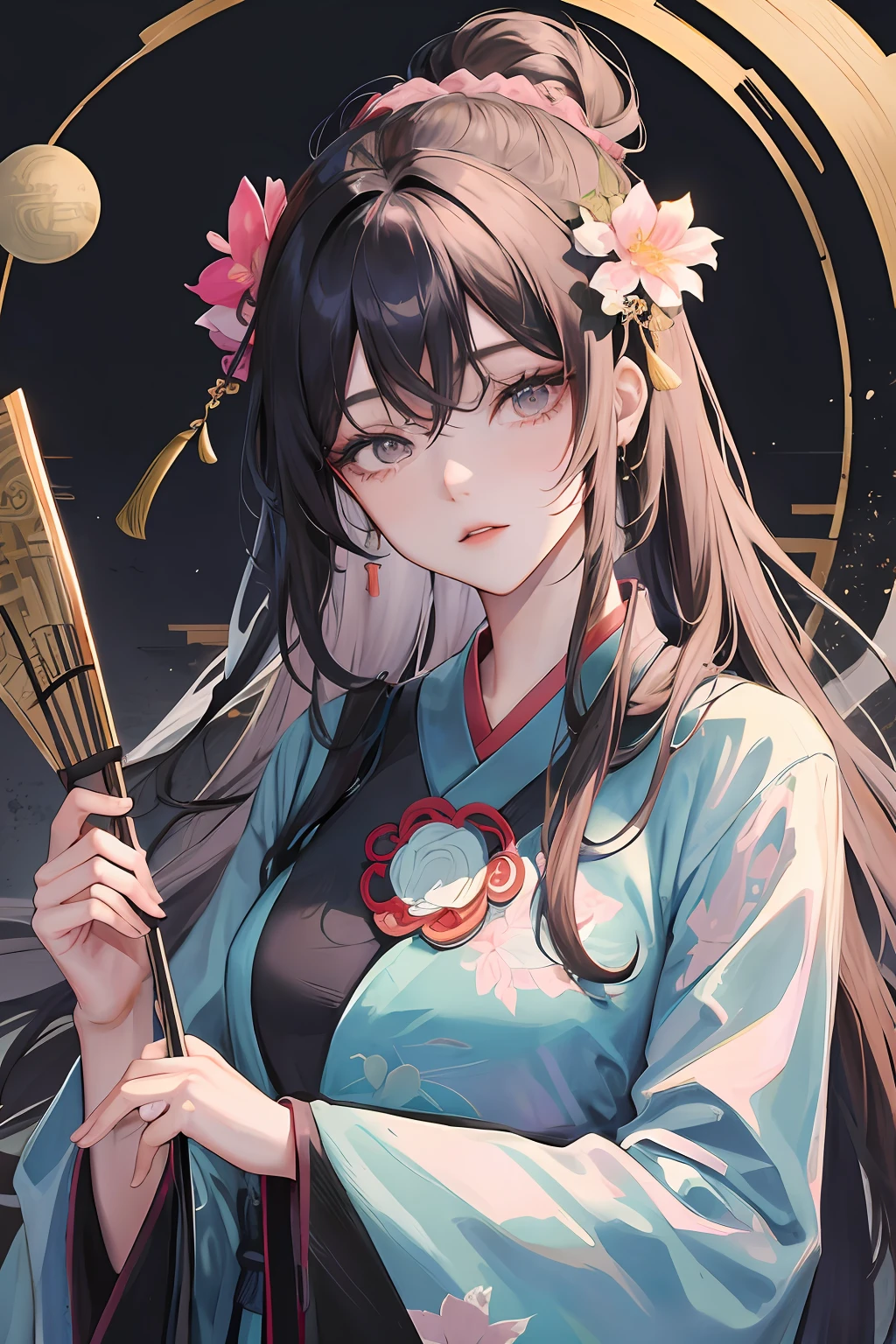 Masterpiece, Best quality, Night, full moon, 1 girl, Mature woman, Chinese style, Ancient China, sister, Royal Sister, Cold expression, Expressionless face, Long-haired black woman, Light pink lips, calm, Intellectual, tribelt, blackigeyes, assassins, Black folding fan, flower ball background, Stroll through the snow-capped streetscape，Tang style green Hanfu，