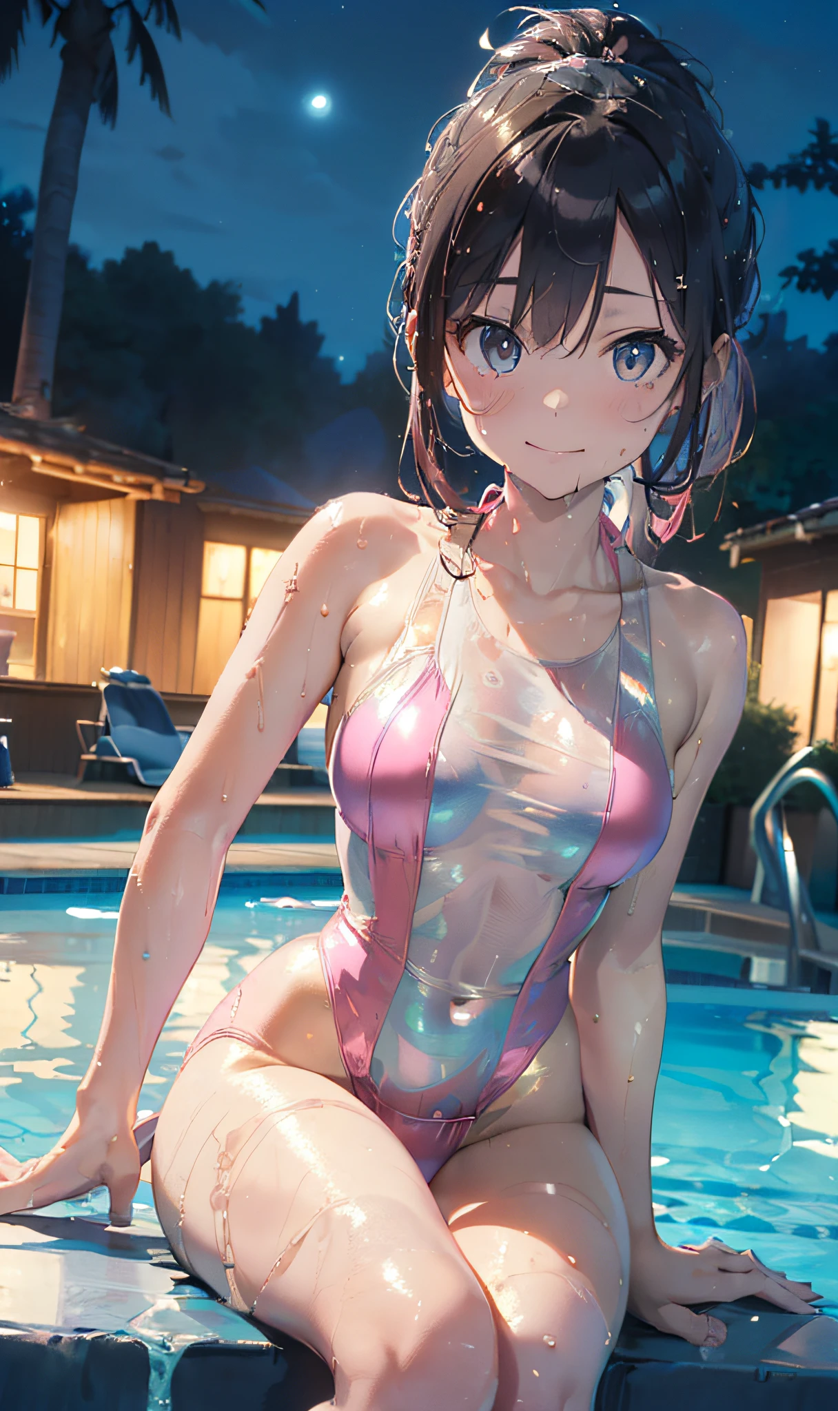 (Master masterpiece:2)、(((extremely fine and beautiful)))、(((The ultra -The high-definition)))、(Ultra-high power of 8 kilometers:2)、(Wet woman:1.4)、(Clarity Metallic Pink Swimsuit:2)、(medium large breasts)、(Transparent skin:1.6)、(Long ponytail hair:1.8)、(Beautiful eyes:1.8)、、(Nominal body type)、(Glamorous:1.4)、(musculature:1.4)、(Thin thighs:1.6)、(Thin leg:1.6)、(A smile)、perfectly proportions,Correct anatomy、Good anatomy、(Correctly drawn limbs:1.6)、(Pose to sit by the pool at night:1.4)、Dynamic Angle、 (luminism),
