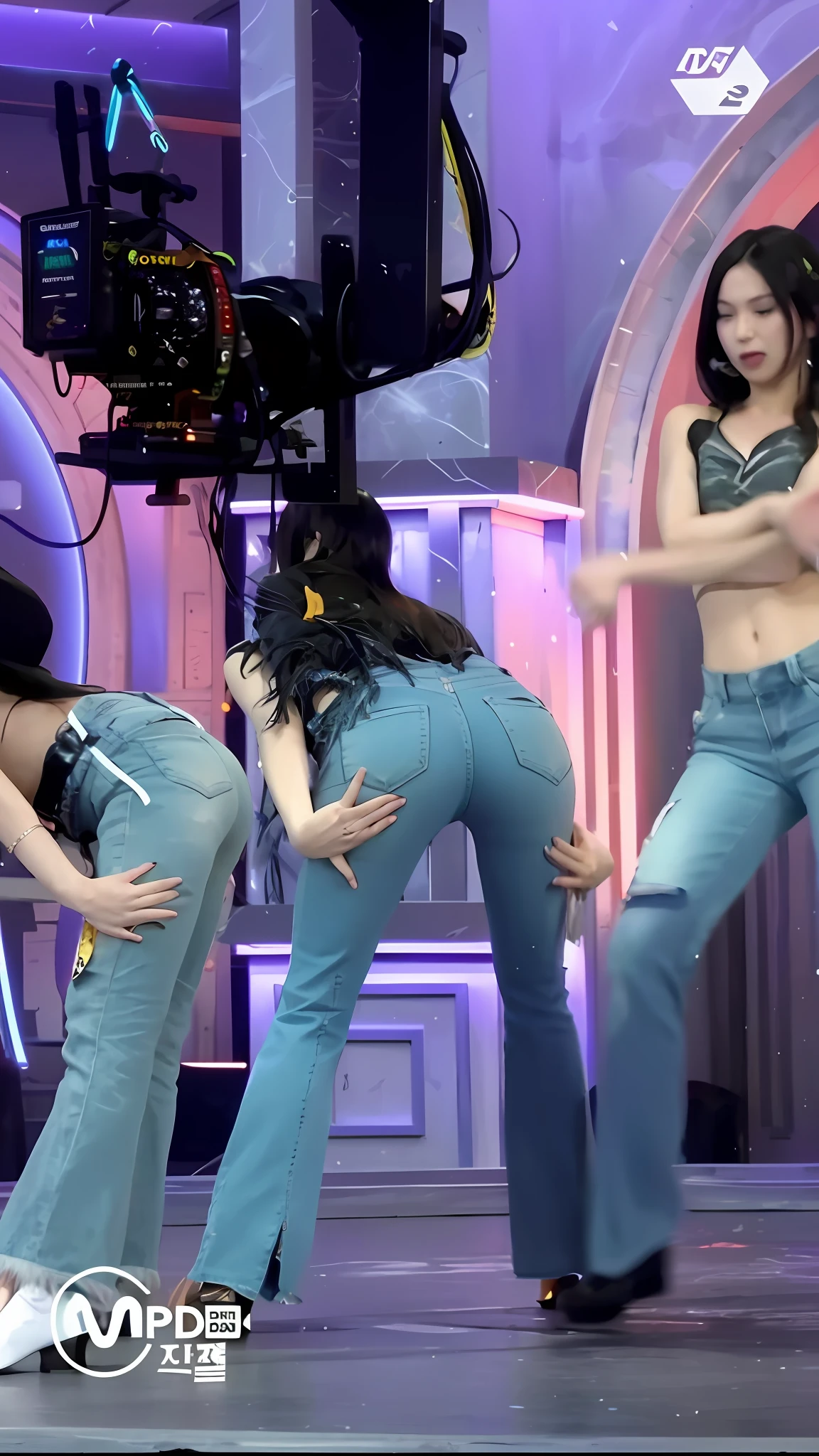A woman in jeans and dressed in black is dancing, JINS. Unreal 5, Wearing jeans, Other women dancing in the back, JINS, JINS, Candid photos of dirty UHD, Tight denim jeans, Denim jeans, Performing on stage, ( ( ( Wearing jeans ) ) ), Waist-shot, Bum, Wearing only pants, Sexy Pose, BAPV