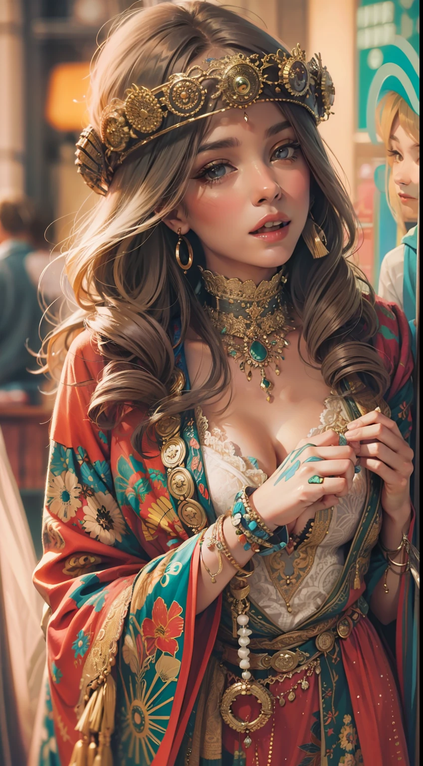 Beautiful woman in intricate Retro Vintage Hippie Outfit