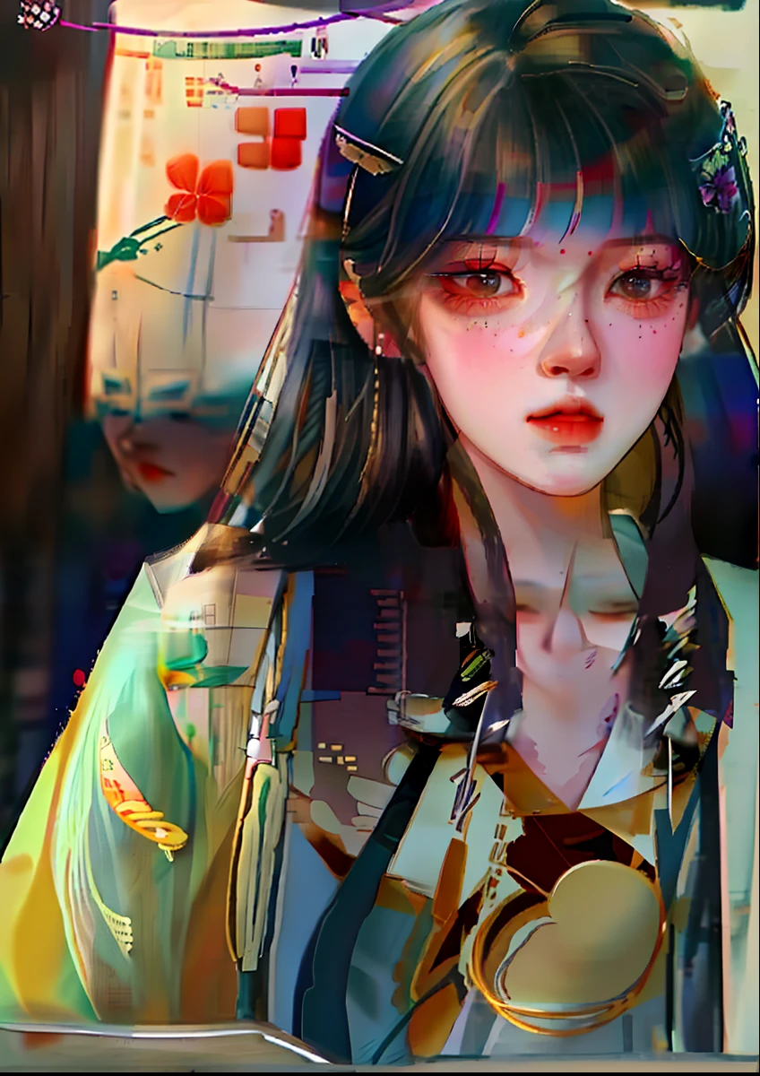 There was a woman sitting at a table,holding cell phone, chiho, grainy low quality, xintong chen, Yoshitomo Nara, she is about 1 6 years old, She is facing the camera, young wan angel, chengyou liu, very very low quality picture, lulu chen, wenfei ye, Lin Qifeng