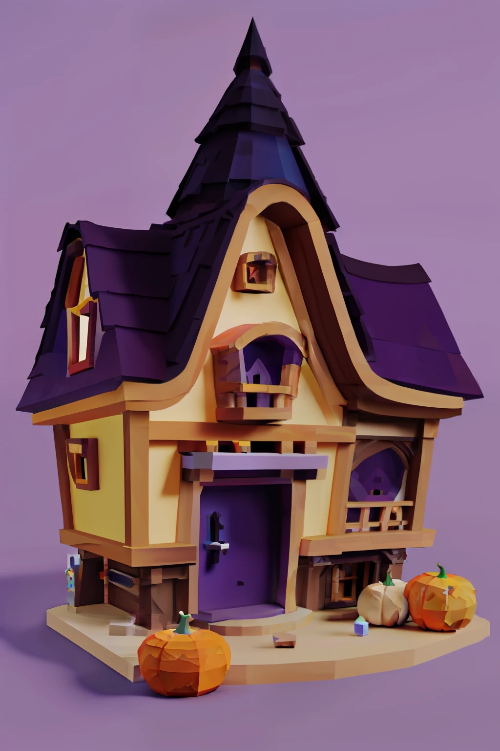 Magic House，broom，jack-o-lanterns，Thorns， Game Asset style in a low poly model， Fantasy world，Unique blue-purple hue，isometry， 16-bit pixel art， astrology， Sepia eaves，interesting background，Pumpkin house， a blind box toy， Fine gloss，planar， a 3D render， oc rendered， best qualtiy， 4K， ultra - detailed