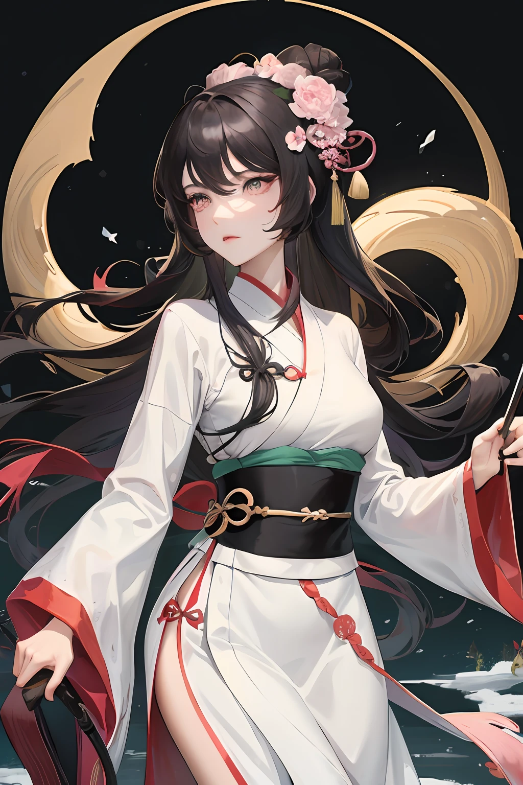 Masterpiece, Best quality, Night, full moon, 1 girl, Mature woman, Chinese style, Ancient China, sister, Royal Sister, Cold expression, Expressionless face, Long-haired black woman, Light pink lips, calm, Intellectual, tribelt, blackigeyes, assassins, Black folding fan, flower ball background, Stroll through the snow-capped streetscape,Tang style green Hanfu,