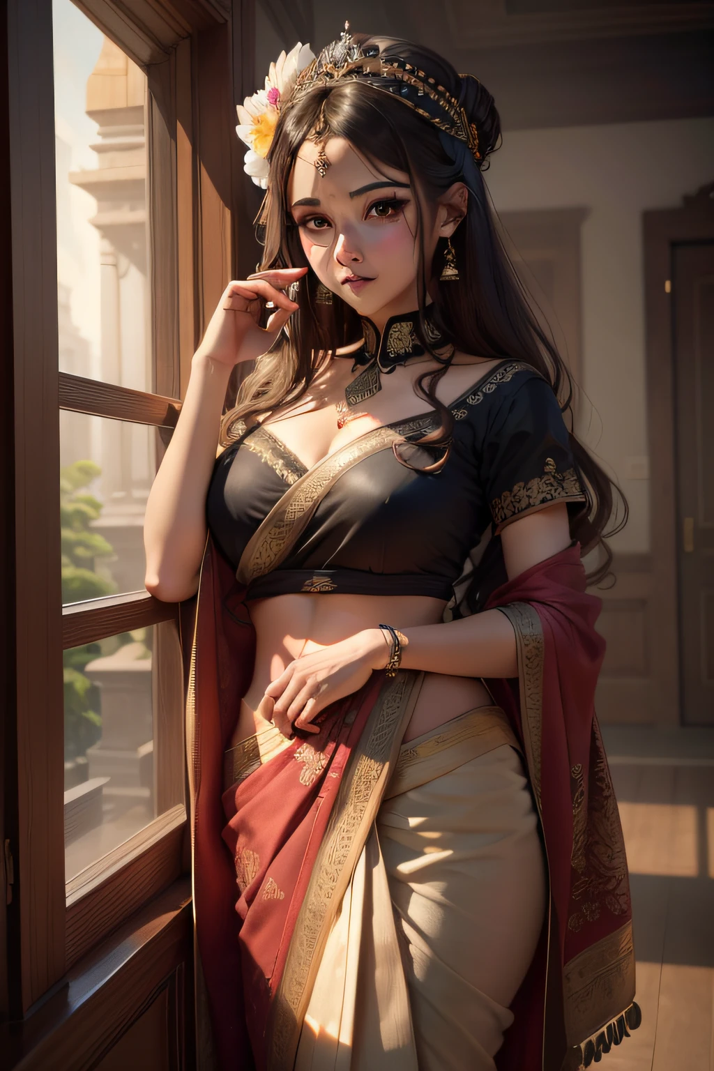 best quality ,masterpiece, illustration, an extremely delicate and beautiful, extremely detailed ,CG ,unity ,8k wallpaper, Amazing, masterpiece,best quality,official art,extremely detailed CG unity 8k wallpaper,absurdres, incredibly absurdres, huge filesize , ultra-detailed, highres, extremely detailed,beautiful detailed brown girl, extremely detailed black eyes and face, beautiful detailed eyes,light on face , wearing saree