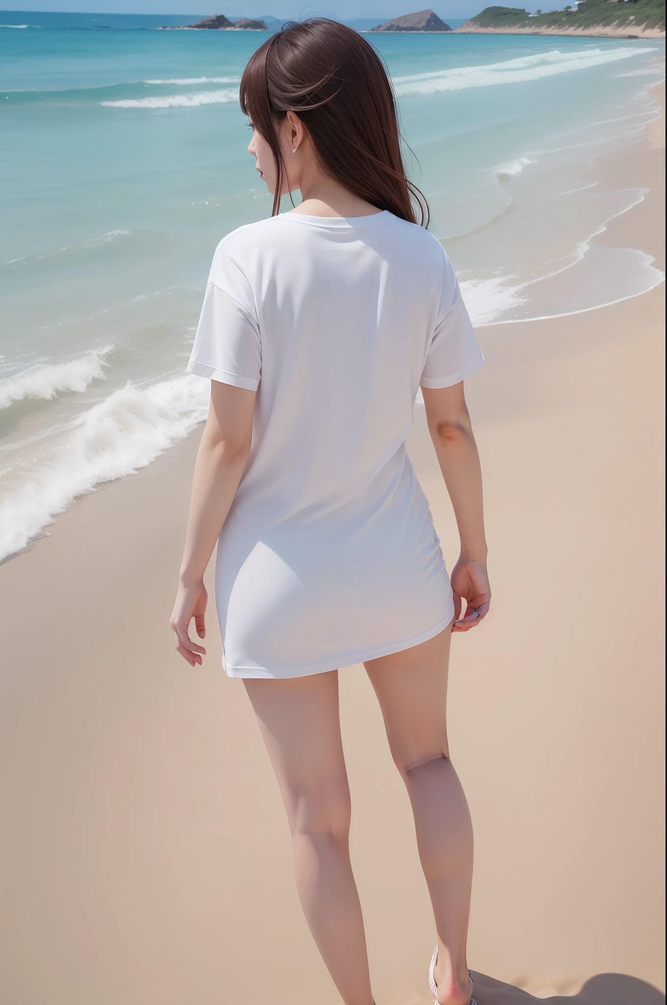 8K, best quality, (masterpiece), (photorealistic), (realistic), (ultra high definition), ray tracung, (sand beach view), (long shot), (back  view), (full body), 1 girl, japanese female, high definition cute face, high definition closed mouth, high definition eyes, white T-shirt