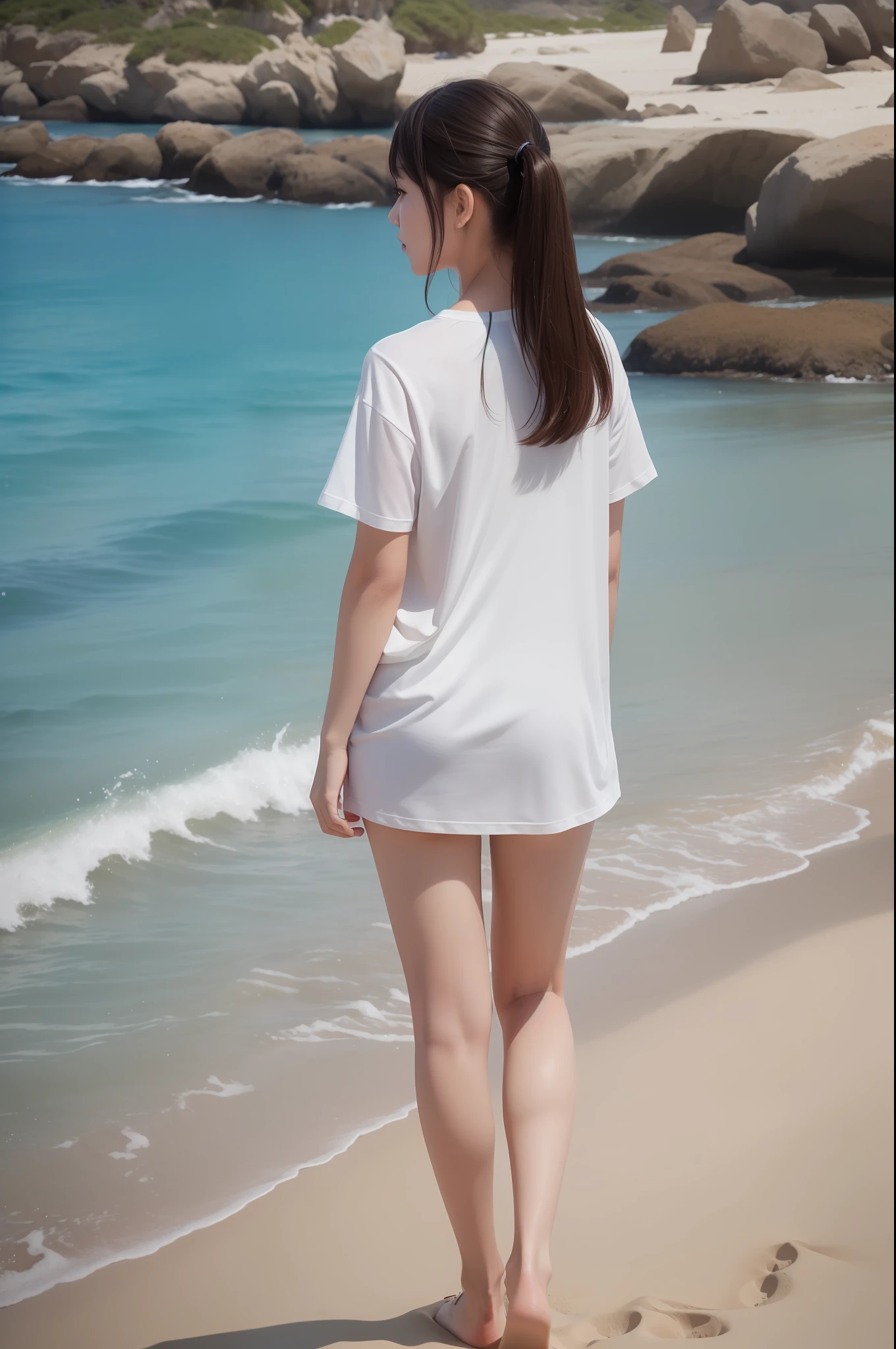 8K, best quality, (masterpiece), (photorealistic), (realistic), (ultra high definition), ray tracung, (sand beach landscape), (long shot), (back view), (full body), 1 girl, japanese female, high definition cute face, high definition closed mouth, high definition eyes, white T-shirt