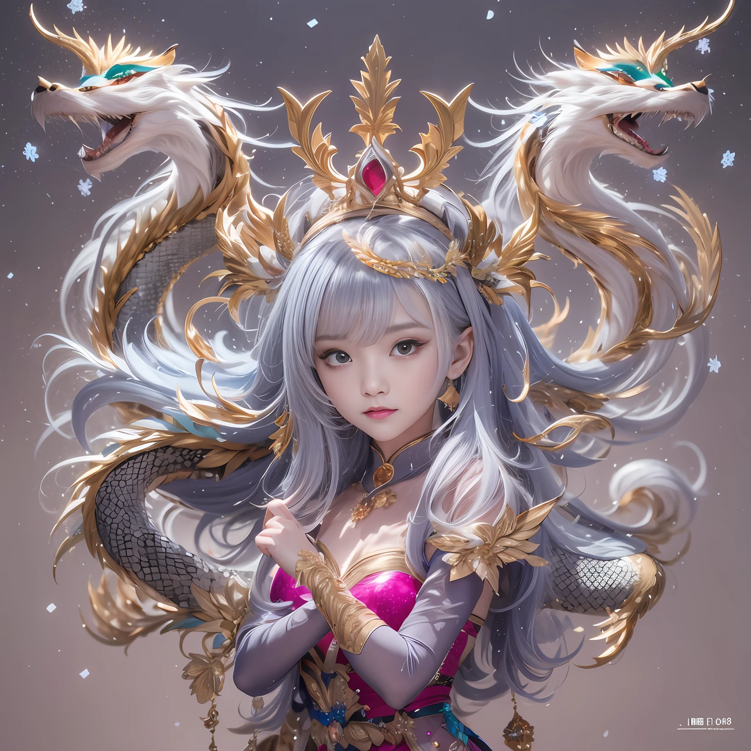 16k（tmasterpiece，k hd，hyper HD，16k）short detailed hair，Vintage train sleeper area，Snow Circle Girl ，Two Golden Dragon Protectors （realisticlying：1.4），Python robe，Purple-pink tiara，Snowflakes fluttering，The background is pure， A high resolution， the detail， RAW photogr， Sharp Re， Nikon D850 Film Stock Photo by Jefferies Lee 4 Kodak Portra 400 Camera F1.6 shots, Rich colors, ultra-realistic vivid textures, Dramatic lighting, Unreal Engine Art Station Trend, cinestir 800，