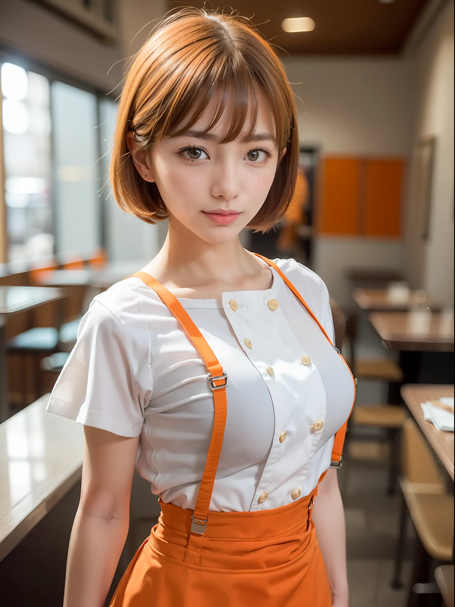 ((of the highest quality, 8K, masutepiece: 1.3, Raw photo)), Sharp Focus: 1.2, (1 AESPA Girl :1.1), (Solo: 1.2), (Realistic, Photorealistic: 1.37), (Face Focus: 1.1), Cute face, hyper detailed face, (Small breasts, flat chest: 1.2), Short messy hair, Small Smile, (orange Family Restaurant Uniforms:1.2), (orange suspender skirt:1.4), (orange apron:1.2), (double-breasted, under bust:1.2), (orange high-waist skirt:1.3), (apron over orange skirt:1.3), (white shirt:1.2), button gap, short sleeves, name tag, cafe