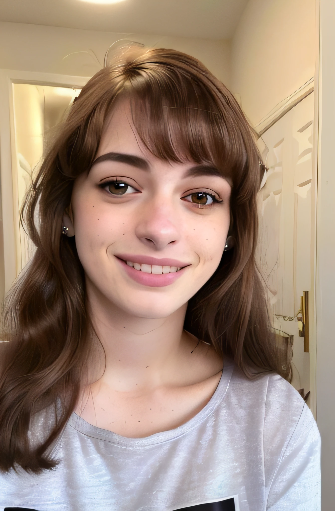 (corpo inteiro, jovem de franja (fotografia de uma jovem de 20 anos sorrindo com uma franja penteada para a esquerda), parecida com a atriz Anne Hathaway , camiseta branca (Rosto altamente detalhado, olhos castanhos claros), detalhados:1.4) (sorrir:0.7) (fundo dentro escuro, Moody, estudo privado:1.3) Pov, hyper realistic dramatic lighting , (Franja) (Franja na testa)