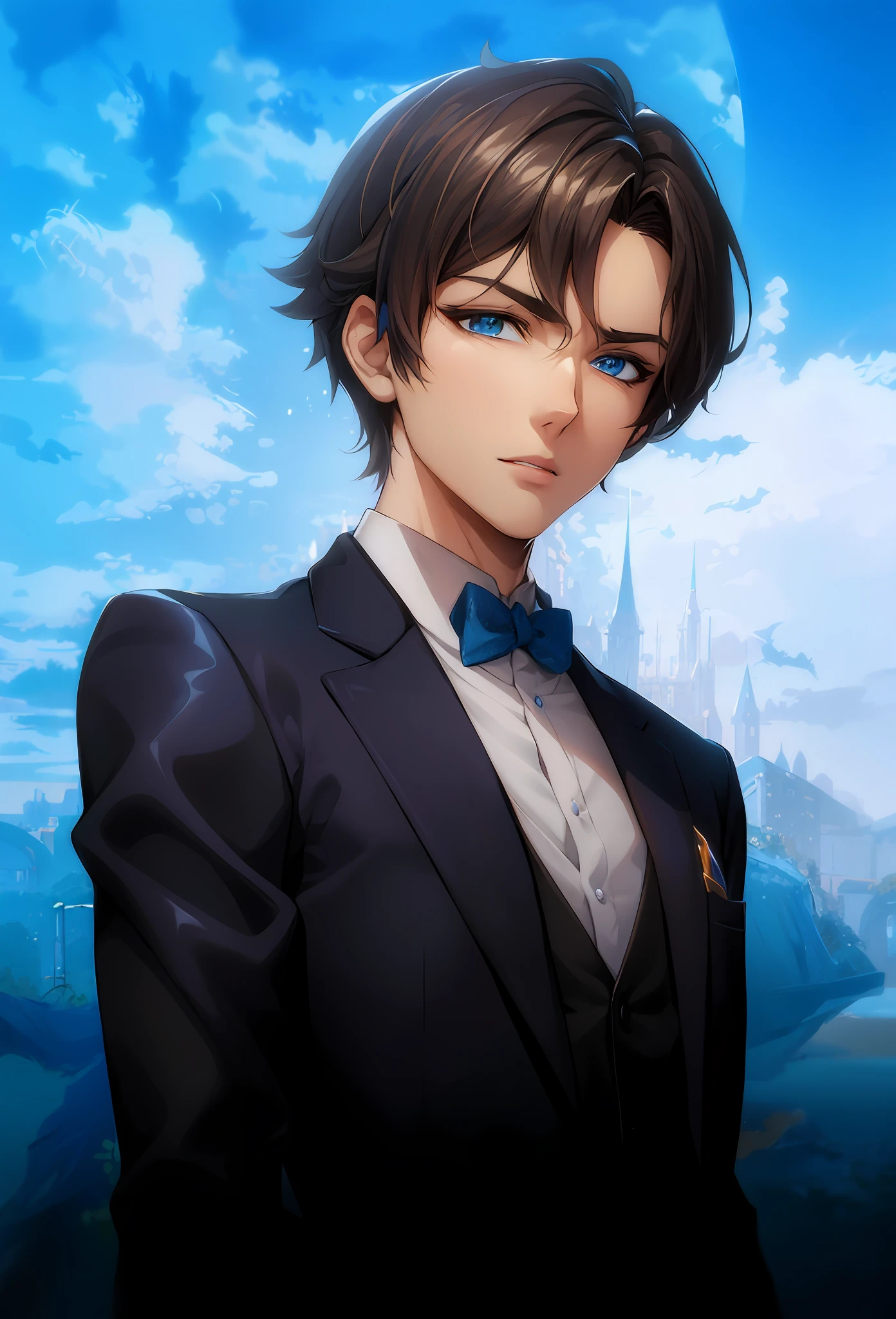 anime character with blue eyes and a suit and bow tie, tall anime guy with blue eyes, beautiful androgynous prince, smooth anime cg art, anime handsome man, handsome anime pose, official character art, makoto shinkai and artgerm, handsome guy in demon slayer art, inspired by Yamagata Hiro, made with anime painter studio