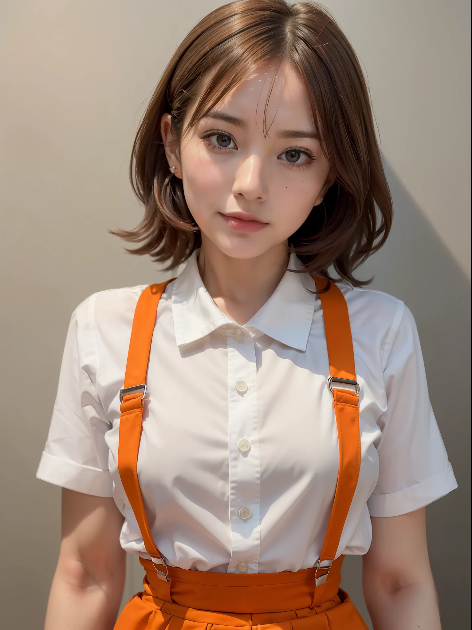 ((of the highest quality, 8K, masutepiece: 1.3, Raw photo)), Sharp Focus: 1.2, (1 AESPA Girl :1.1), (Solo: 1.2), (Realistic, Photorealistic: 1.37), (Face Focus: 1.1), Cute face, hyper detailed face, Small breasts, flat chest, Short messy hair, Small Smile, (orange Family Restaurant Uniforms:1.2), (orange suspender skirt:1.4), (orange apron:1.2), (orange high-waist skirt:1.3), (apron over orange skirt:1.3), (white shirt:1.2), button gap, short sleeves, name tag, cafe