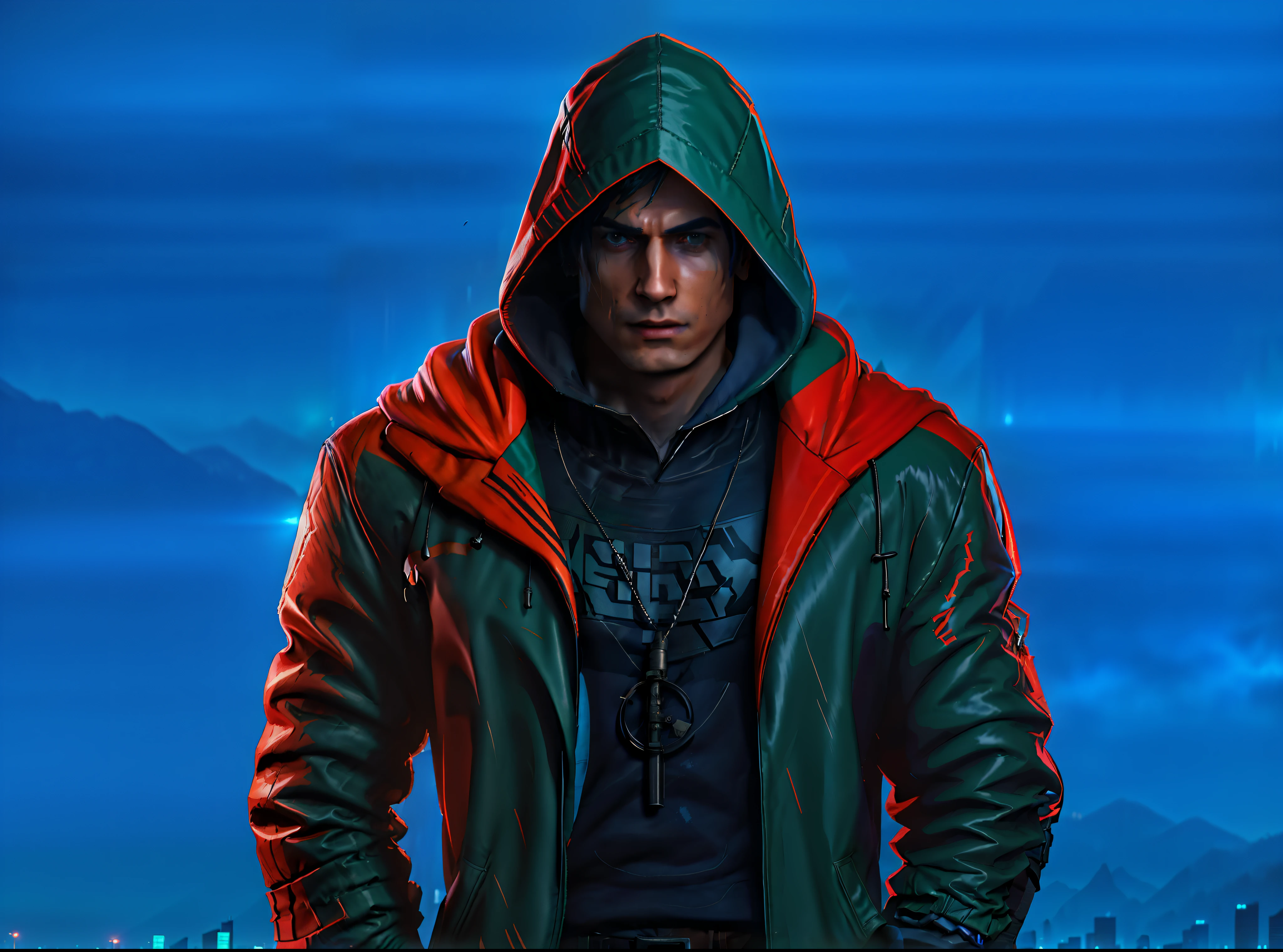 Arafed man in a hooded jacket and hoodie standing with his hands in his pockets, 8 K, Anton Fadeev 8 K, green hood, no text, superhero portrait, hero pose colorful city lighting, Unreal 5. RPG portrait, fan art, wearing sci-fi cape with hood, hood and cape, stylized urban fantasy art