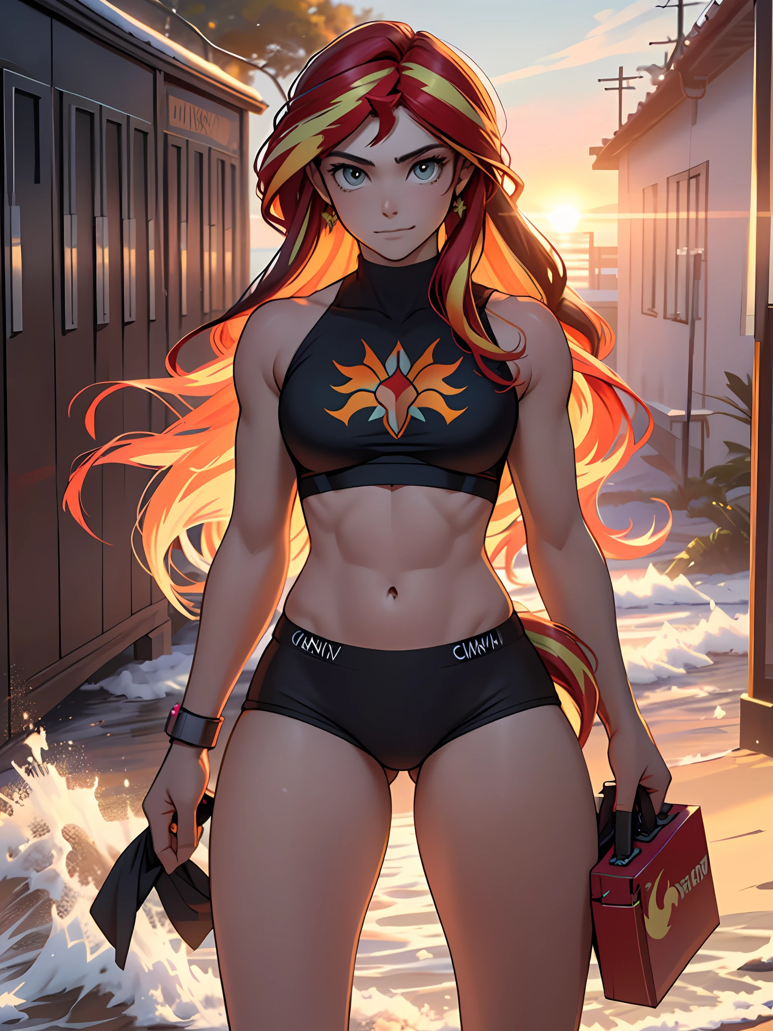 1girl, Sunsethuman, Sunset Shimmer, My little pony's Sunset Shimmer, Sunset Shimmer na forma de uma ******, seios grandes, seios exuberantes, seios volumosos, seios firmes, suor, molhado com suor, canela, saltos, feets, cinco dedos, detailed hands, dois tons de cabelo, cabelos vermelhos e amarelos, de frente, solo, um personagem, bare foots, sem sapatos, pernas separadas, gym locker room,  (deitado de costas), deitado em um banco sem costas, cueca de renda branca, pernas afastadas, , piso frio, vista superior, piso molhado, (de cueca branca), magra, without muscles, corpo normal